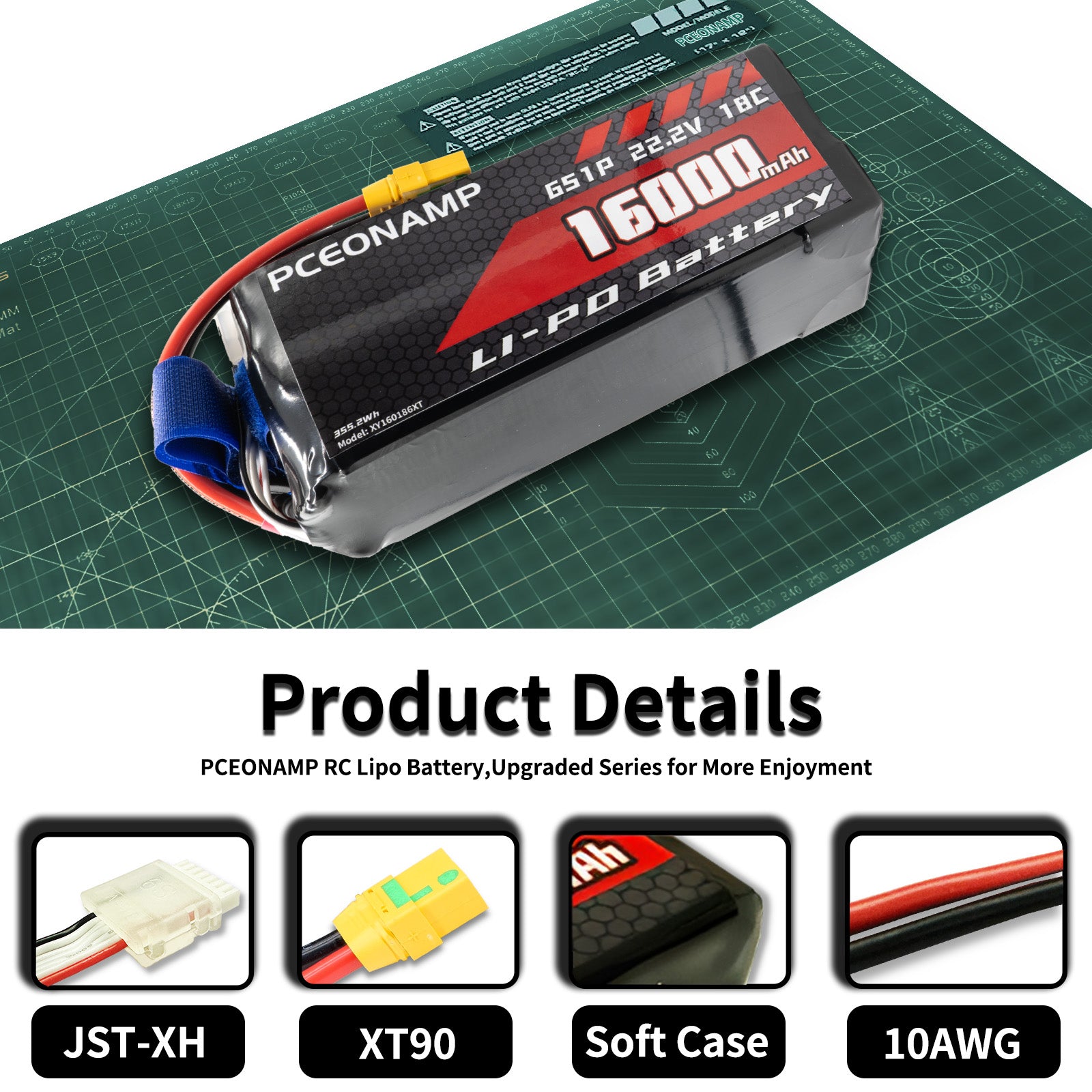 PCEONAMP 6S Lipo Battery 16000mAh 22.2V 18C with XT90 Plug Rechargeable High Capacity RC Drone Battery Soft Case Fit for RC FPV RC Drone Quadcopter