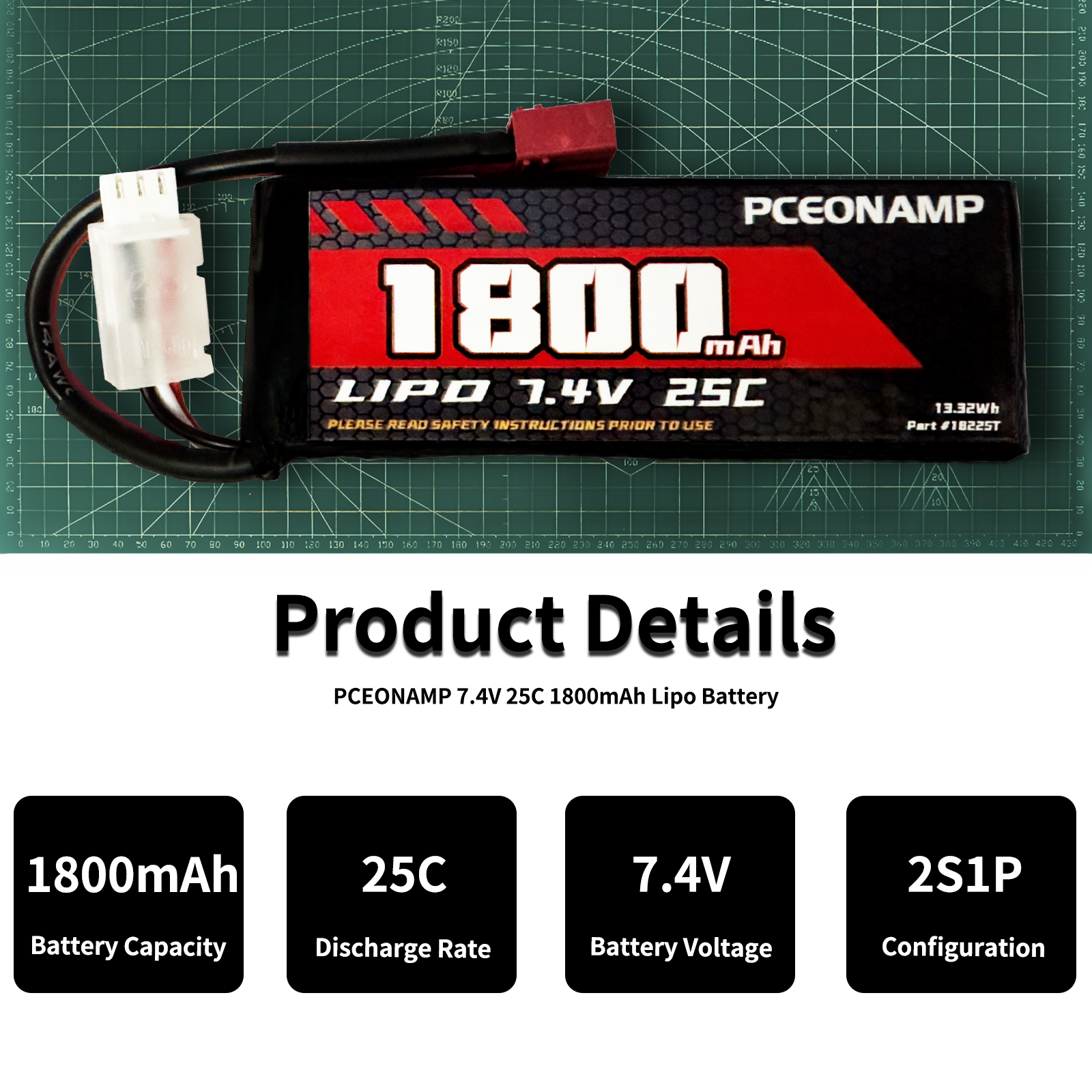 PCEONAMP 2S Lipo Battery 1800mAh 25C with Deans T Plug Rechargeable High Capacity RC 7.4V Battery Fit for WLtoys 4WD High Speed RC Cars and Most 1/10, 1/12, 1/16 Scale RC Cars Trucks（2packs
