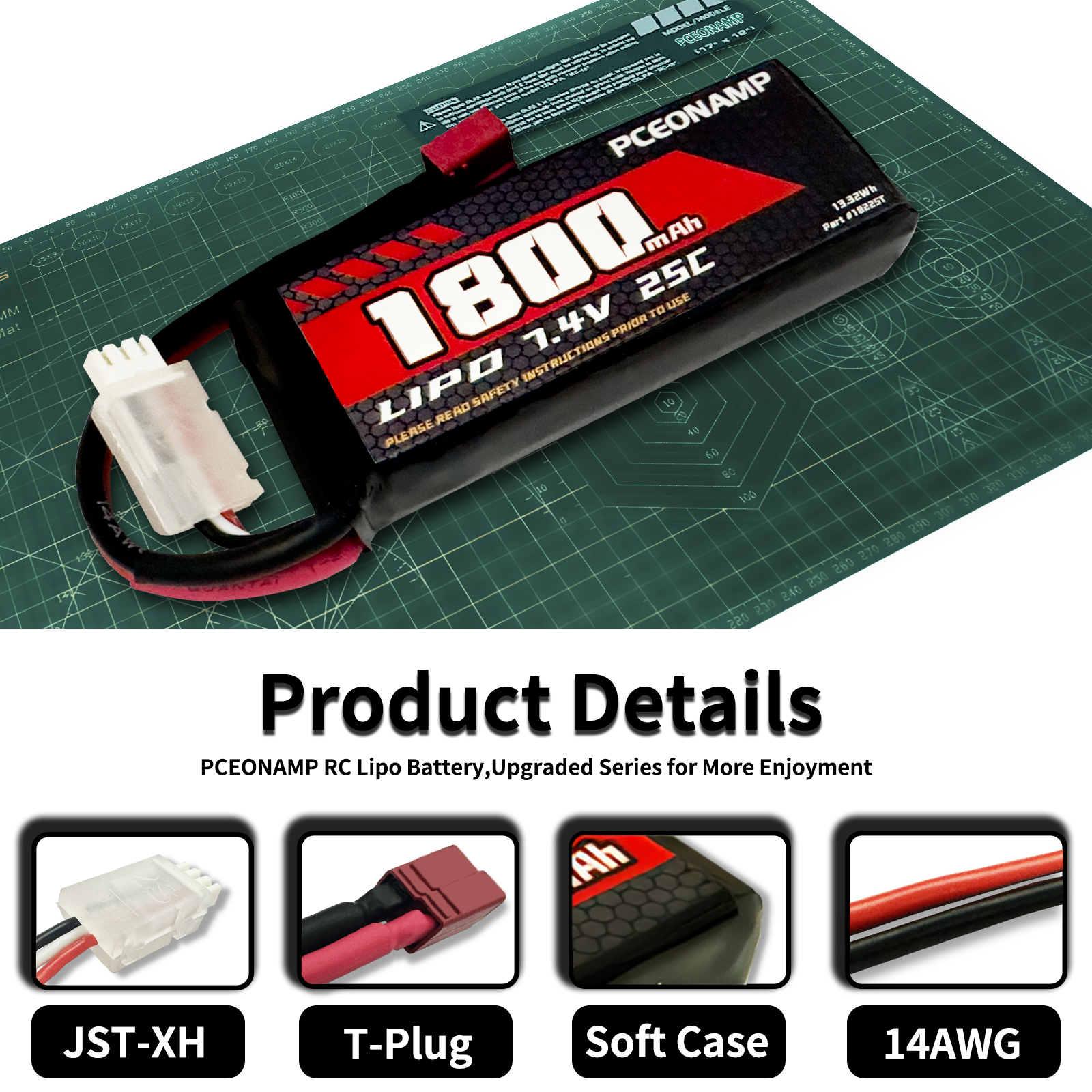 PCEONAMP 2S Lipo Battery 1800mAh 25C with Deans T Plug Rechargeable High Capacity RC 7.4V Battery Fit for WLtoys 4WD High Speed RC Cars and Most 1/10, 1/12, 1/16 Scale RC Cars Trucks（2packs