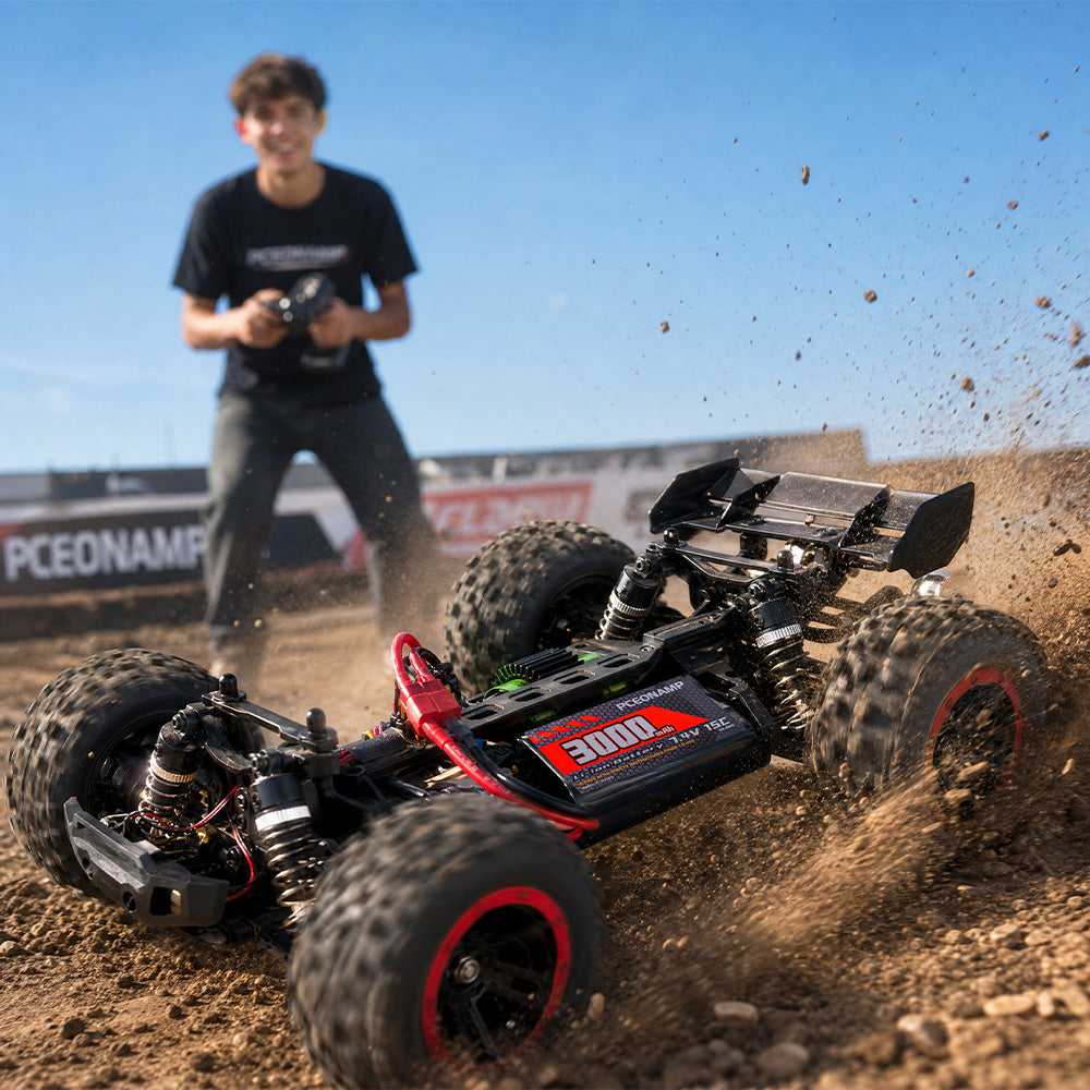 7.4V 3000mAh battery powering 1/14 scale RC car on dirt track, long runtime for outdoor driving