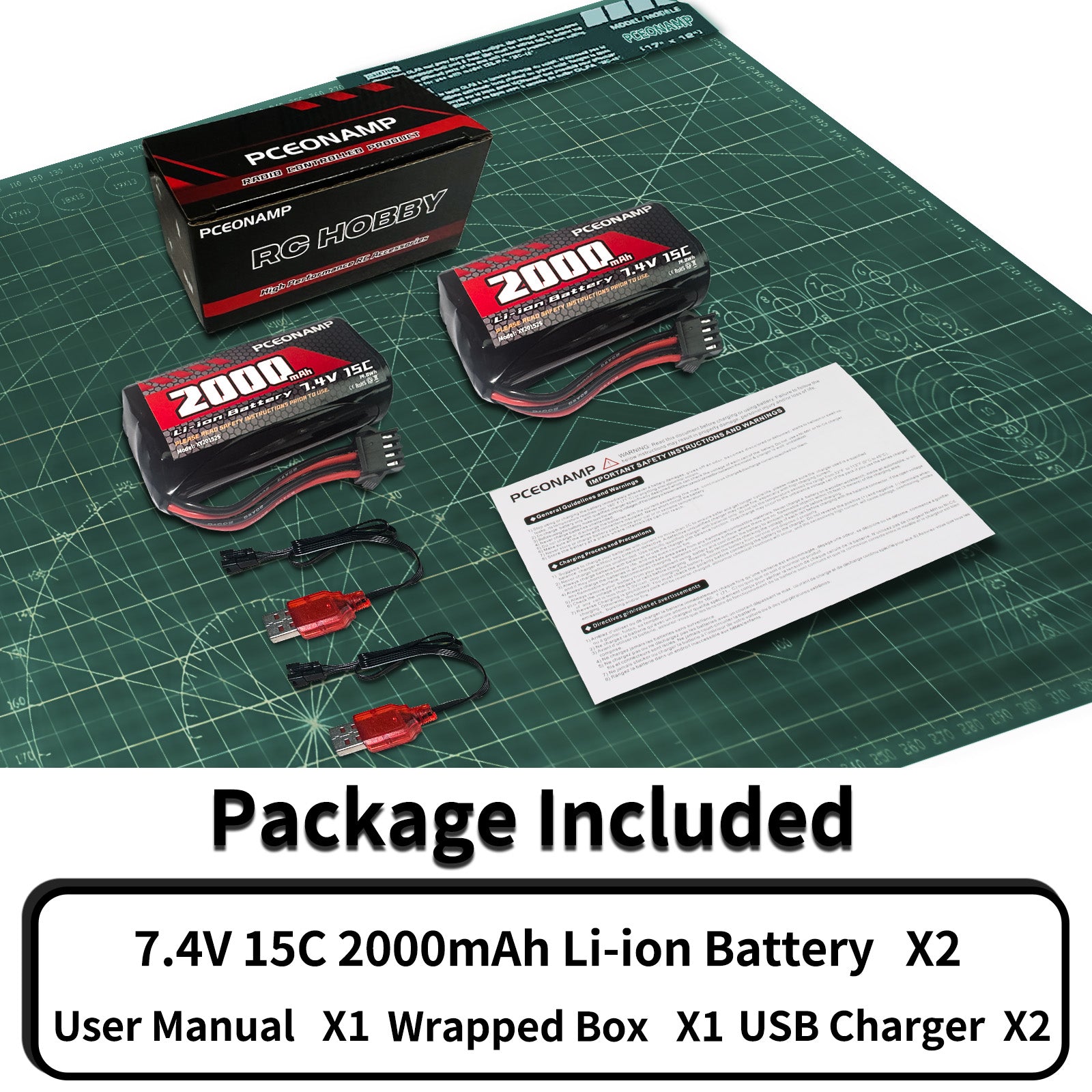 PCEONAMP Gel Blaster Battery 2000mAh 7.4V Li-ion Battery with SM-4P Plug Rechargeable High Capacity RC Battery with 2 USB Charger Cable for Remote Control Car RC Boat