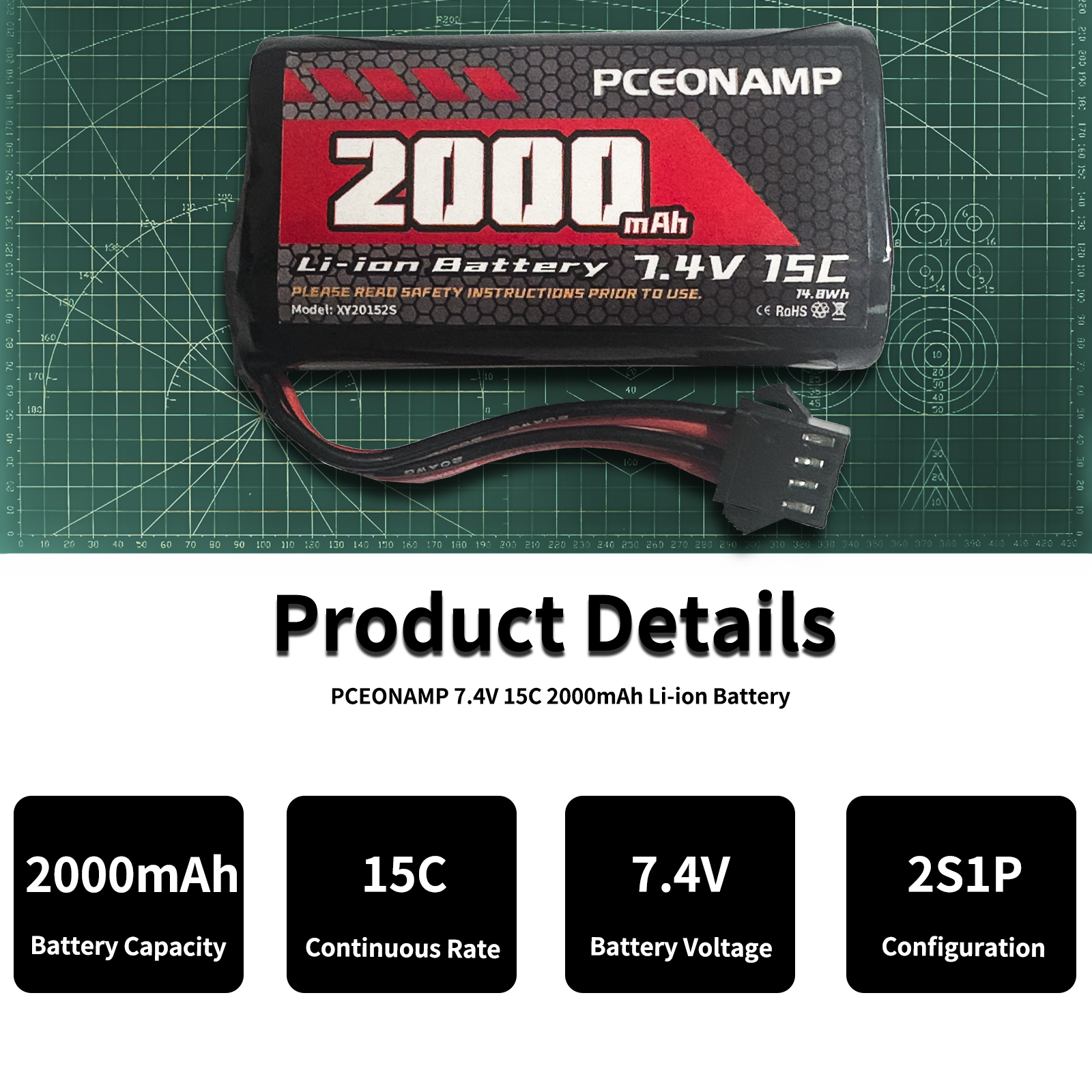 PCEONAMP Gel Blaster Battery 2000mAh 7.4V Li-ion Battery with SM-4P Plug Rechargeable High Capacity RC Battery with 2 USB Charger Cable for Remote Control Car RC Boat