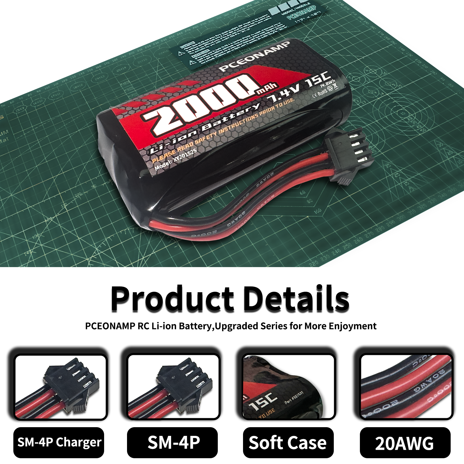 PCEONAMP Gel Blaster Battery 2000mAh 7.4V Li-ion Battery with SM-4P Plug Rechargeable High Capacity RC Battery with 2 USB Charger Cable for Remote Control Car RC Boat