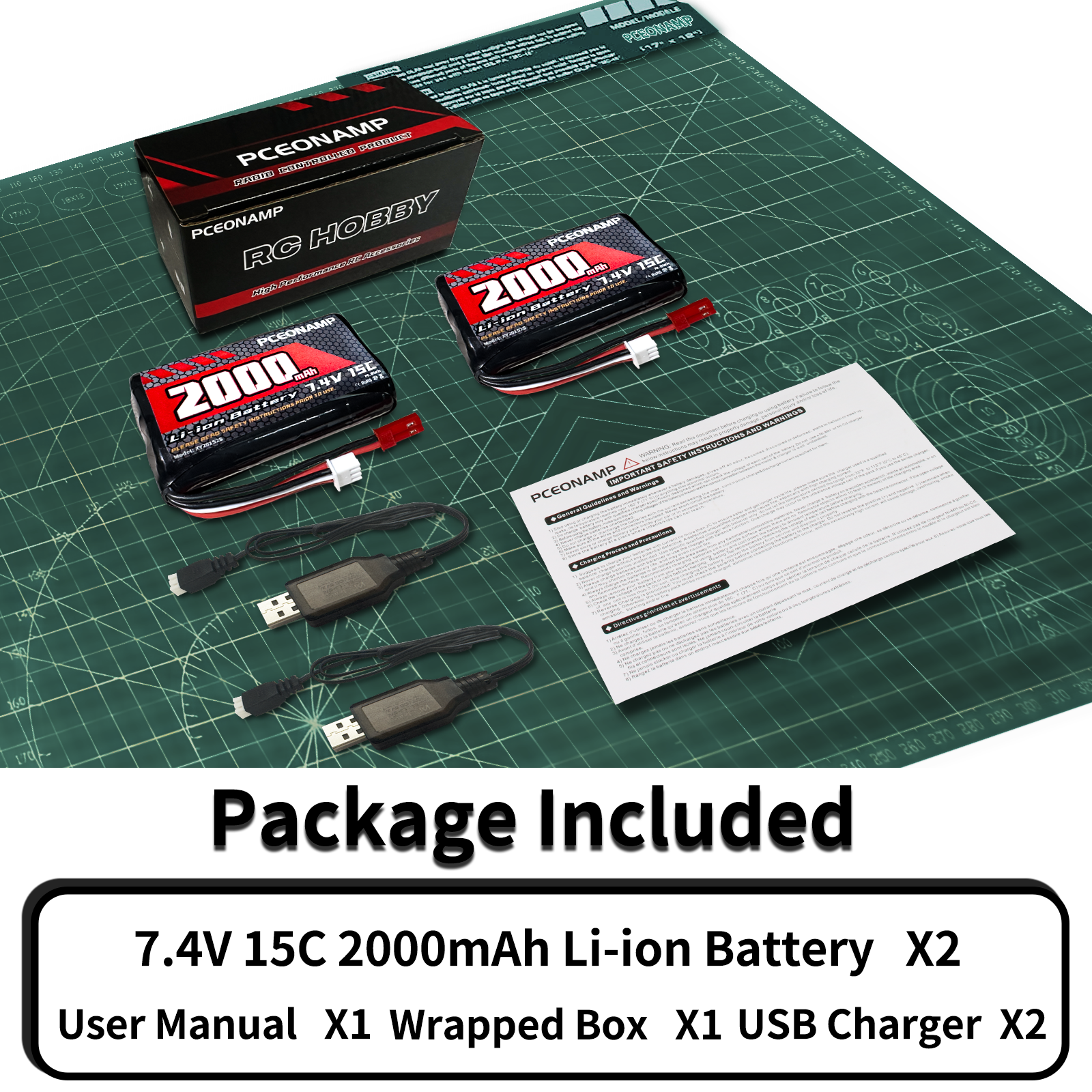 PCEONAMP 7.4V Li-ion Battery 2000mAh 2S with JST Plug Rechargeable High Capacity RC Battery with 2 USB Charger Cable for RC Car RC Boat