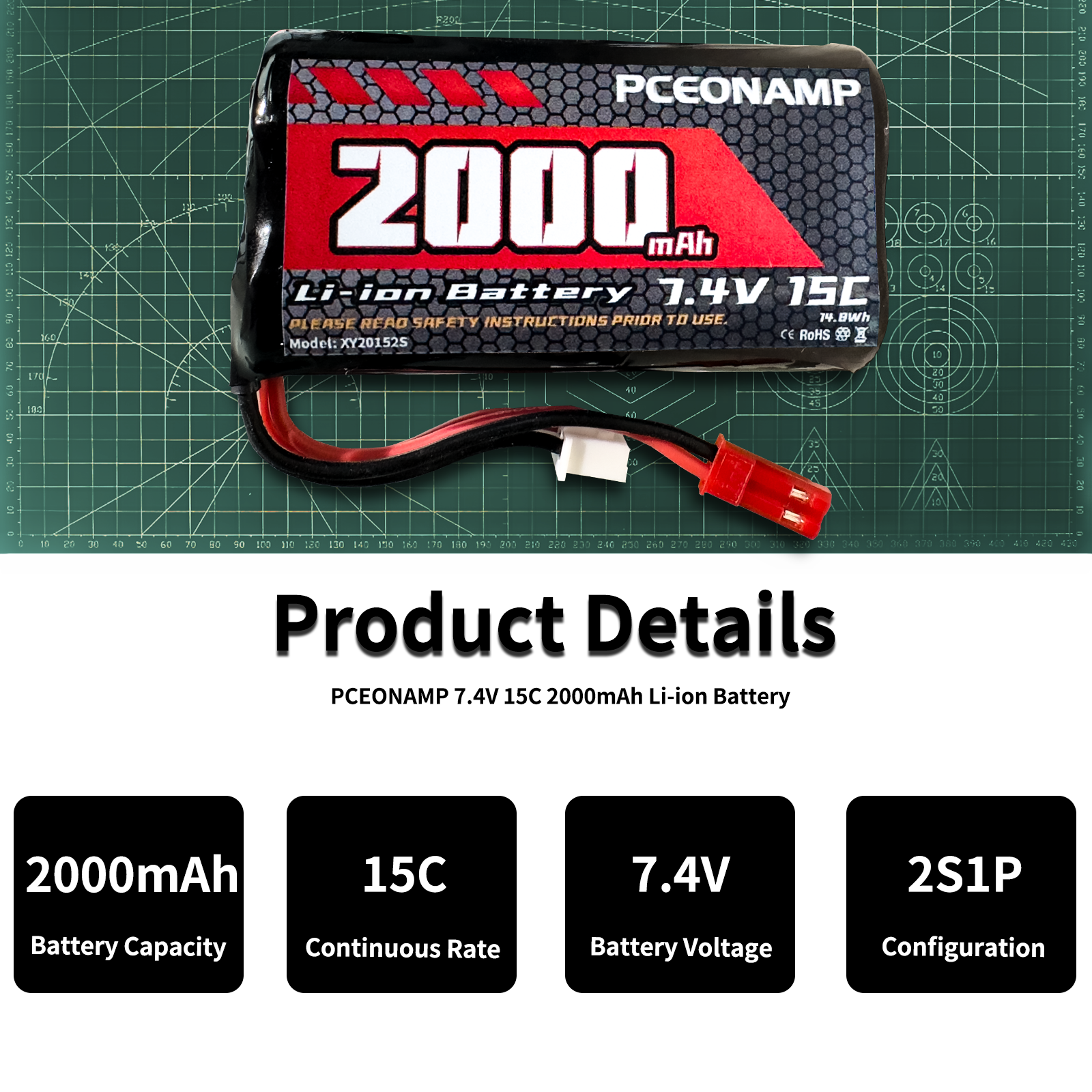 PCEONAMP 7.4V Li-ion Battery 2000mAh 2S with JST Plug Rechargeable High Capacity RC Battery with 2 USB Charger Cable for RC Car RC Boat