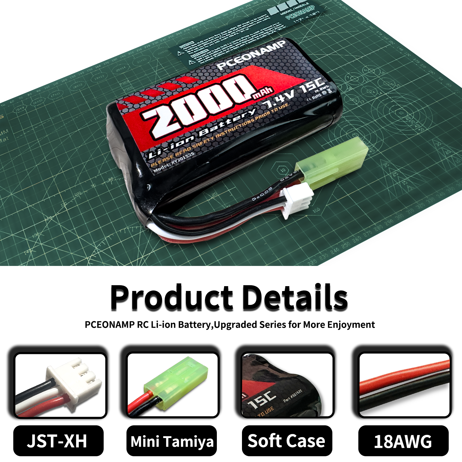 PCEONAMP 7.4V Li-ion Battery 2000mAh 2S Rechargeable High Capacity RC Battery with 2 USB Charger Cable for Remote Control Boat