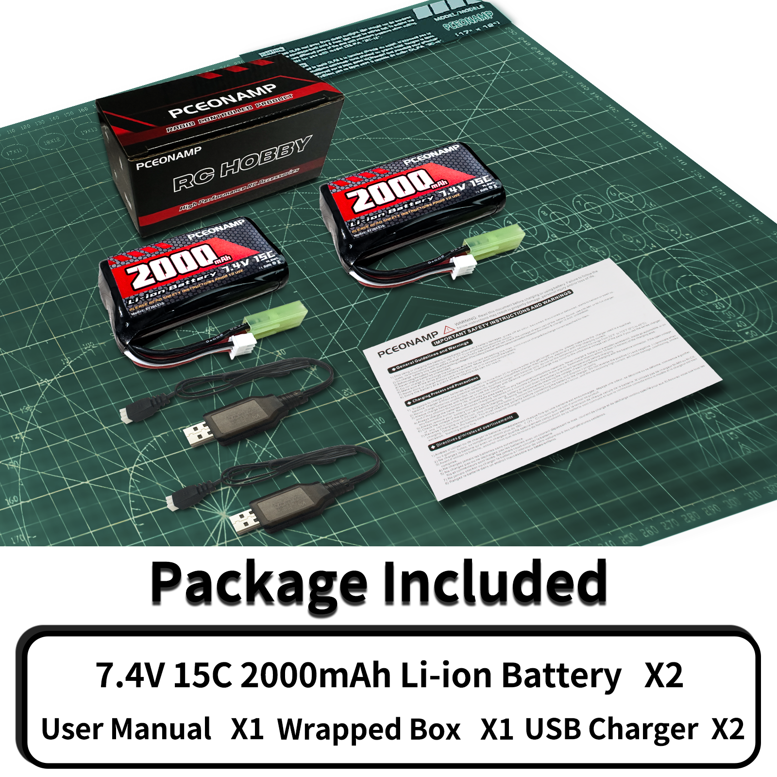 PCEONAMP 7.4V Li-ion Battery 2000mAh 2S Rechargeable High Capacity RC Battery with 2 USB Charger Cable for Remote Control Boat