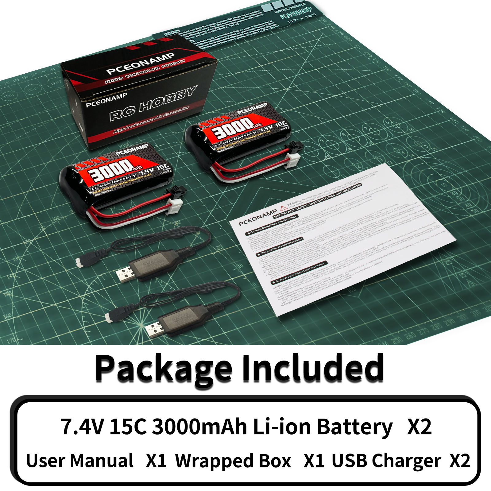 PCEONAMP 7.4V Li-ion Battery 2000mAh 2S Battery with SM-2P Plug Rechargeable High Capacity RC Battery Fit for WPL C24 MN D90 RC Cars, H101 RC Boat RC Truck Batteries with 2 USB Charger