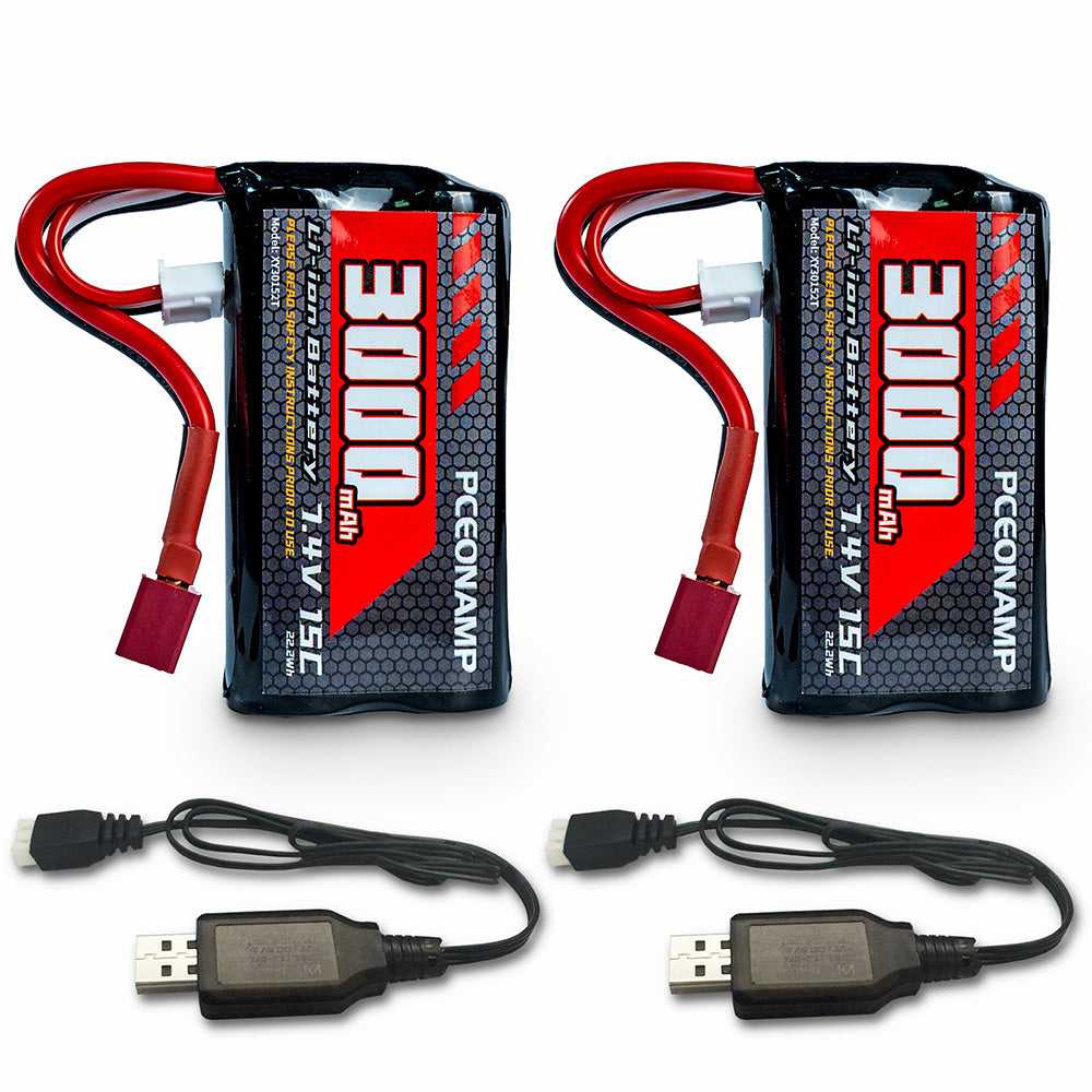 2-pack 7.4V 3000mAh 15C Li-ion RC batteries with 2 USB charging cables, Deans T plug