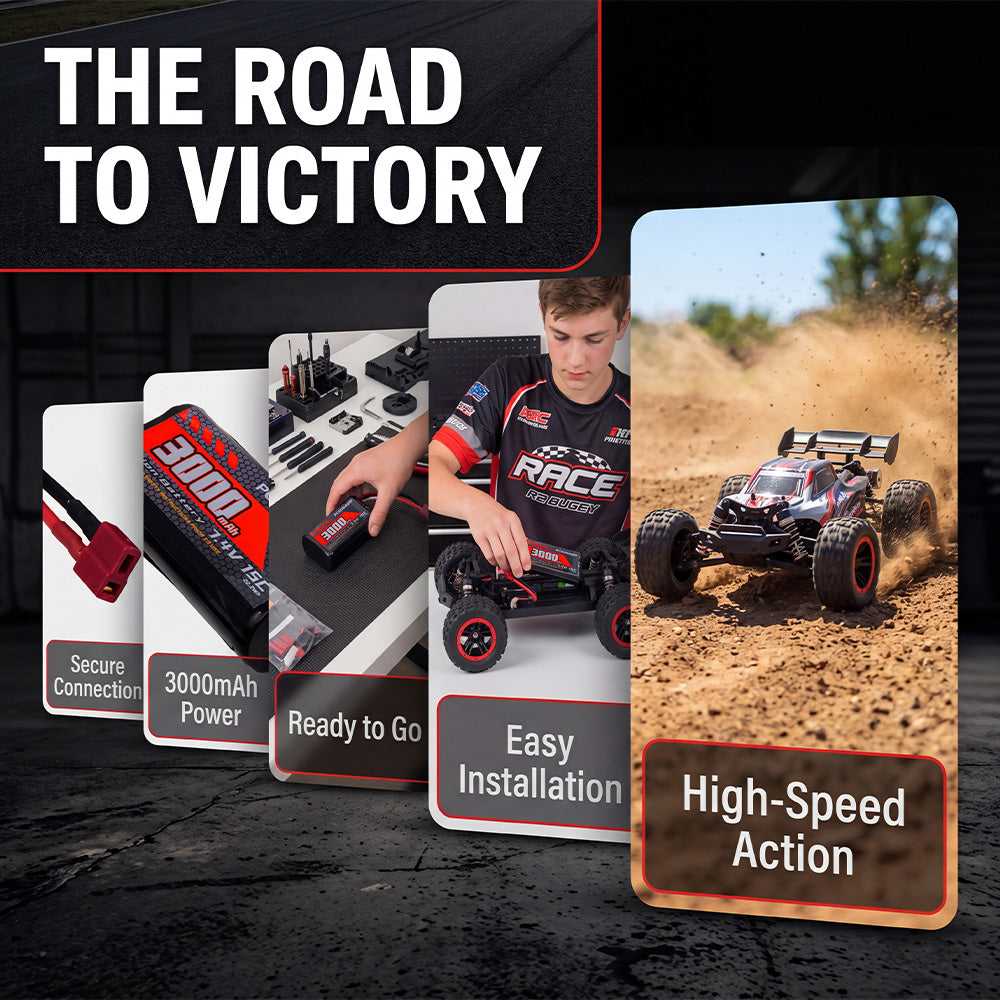 PCEONAMP 3000mAh RC battery features: secure connection, 3000mAh power, easy installation, high-speed RC car action