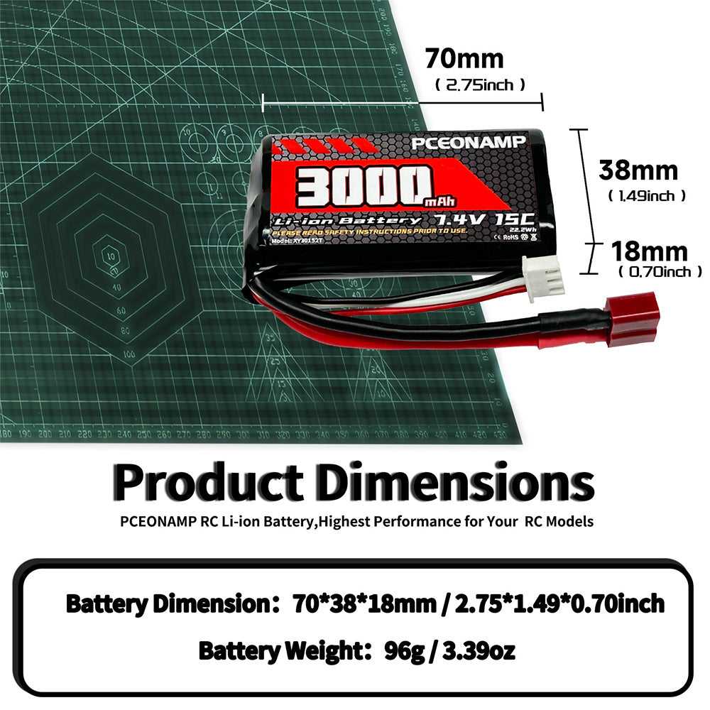 7.4V 3000mAh RC battery dimensions 70 x 38 x 18mm, weight 96g, with T-plug and JST-XH connector