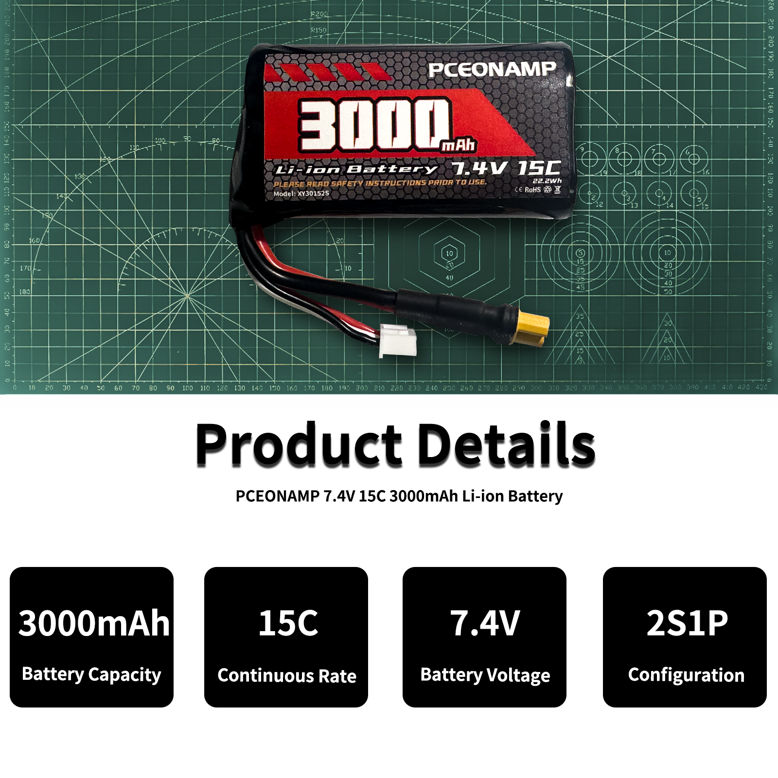 PCEONAMP 7.4V Li-ion Battery 3000mAh 2S with XT30 Plug Rechargeable High Capacity RC Battery fit for Huina 580 582 583 594 Remote Control Excavator with 2 USB Charger Cable