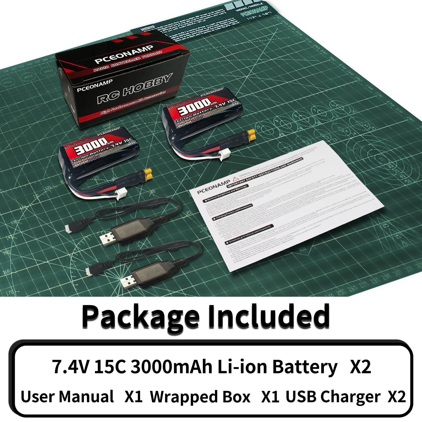 PCEONAMP 7.4V Li-ion Battery 3000mAh 2S with XT30 Plug Rechargeable High Capacity RC Battery fit for Huina 580 582 583 594 Remote Control Excavator with 2 USB Charger Cable