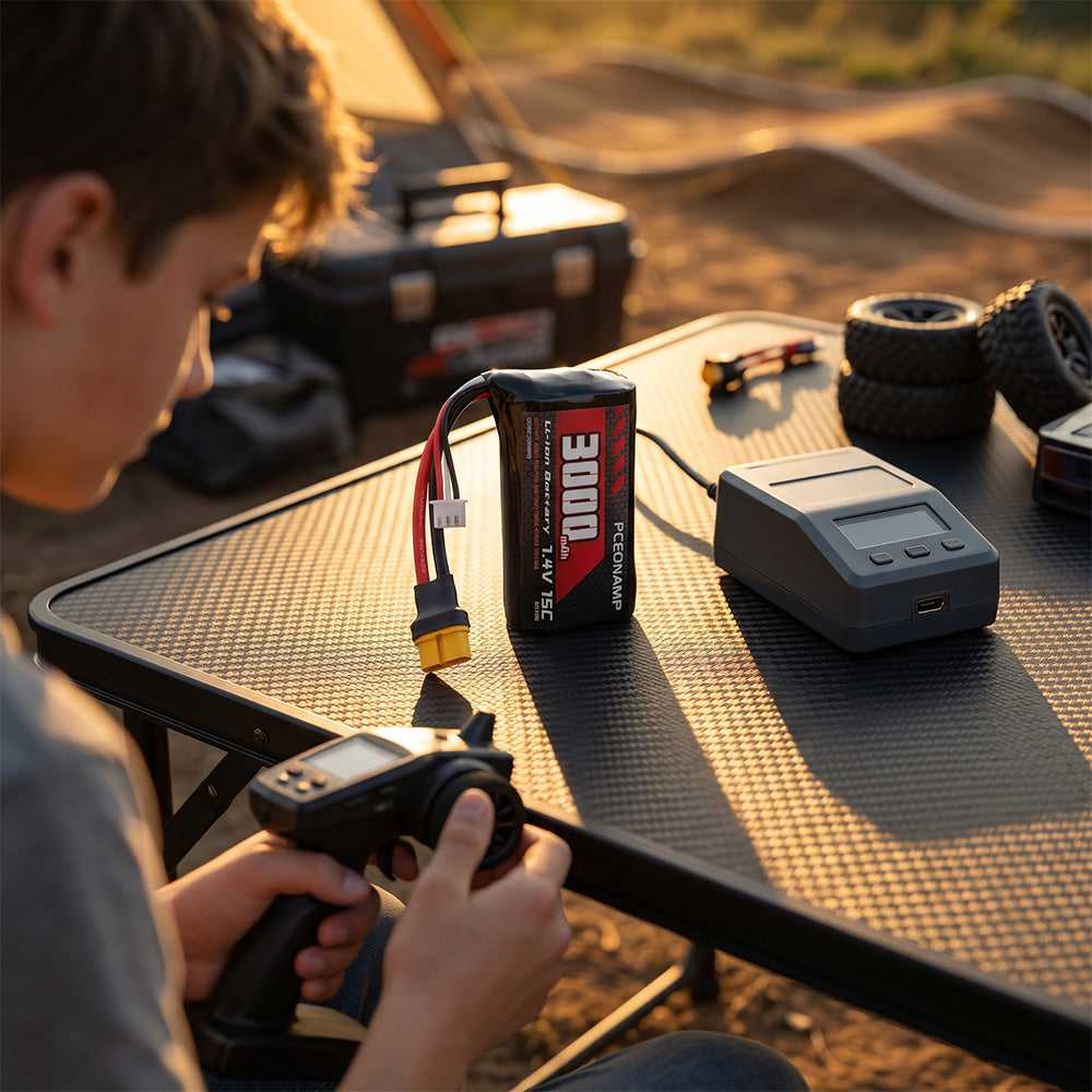 PCEONAMP 3000mAh 7.4V Li-ion battery and USB charger on a folding table beside an RC racetrack, with a boy holding a remote controller and RC tires on the table, golden hour lighting.