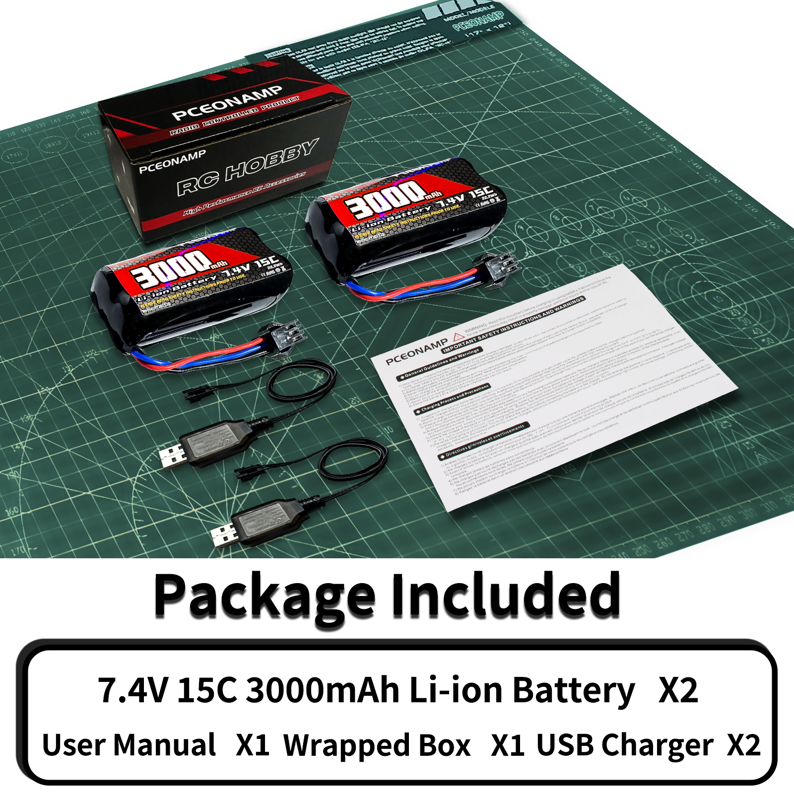 PCEONAMP 7.4v RC Battery 3000mAh 2S Li-ion with SM-3P Plug Rechargeable High Capaity Fit for RC Tank RC Truck 4WD RC Rock Crawler RC Car Batteries with 2 USB Charger