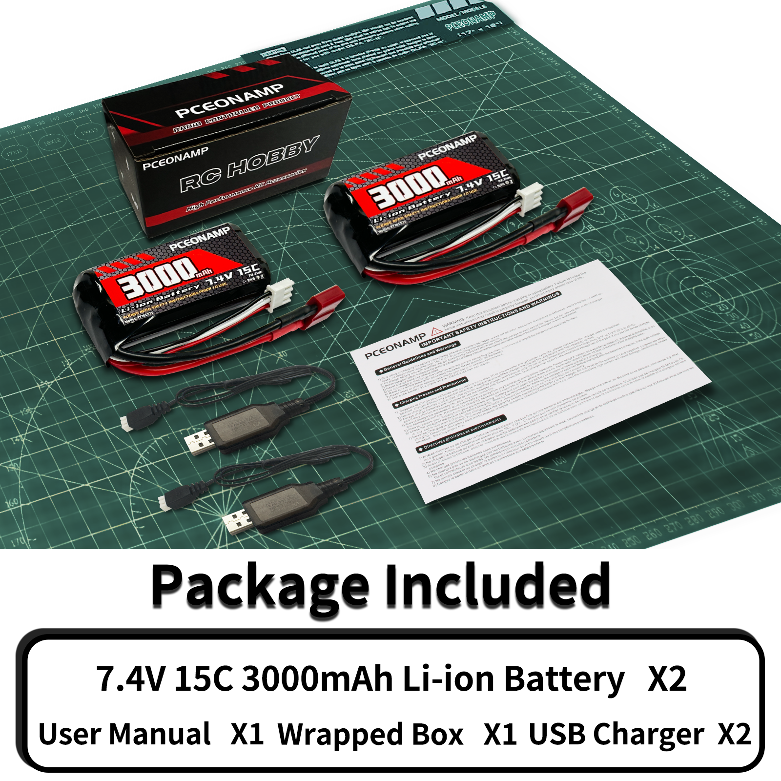 PCEONAMP 7.4V Li-ion Battery 3000mAh 2S with Deans T Plug Rechargeable High Capacity RC Battery Fit for WLtoys 4WD High Speed RC Cars and Most 1/10, 1/12, 1/16 Scale RC Cars Trucks with 2 USB Chargers