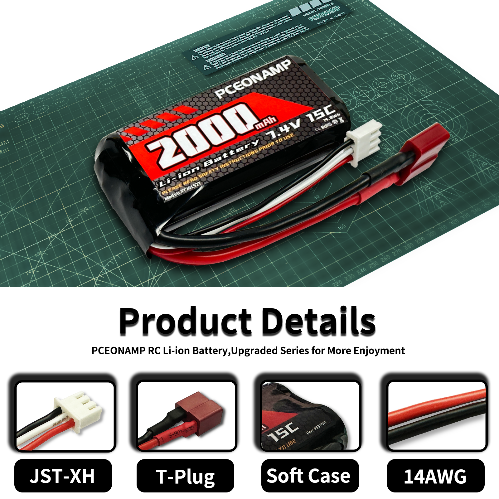 PCEONAMP 7.4V Li-ion Battery 2000mAh 2S with Deans T Plug Rechargeable High Capacity RC Battery Fit for WLtoys 4WD High Speed RC Cars and Most 1/10, 1/12, 1/16 Scale RC Cars Trucks with 2 USB Chargers