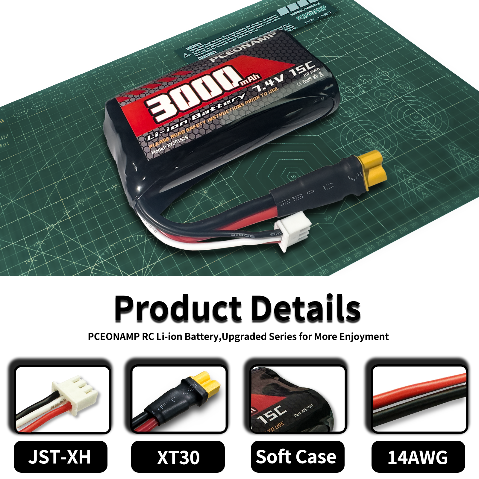 PCEONAMP 7.4V Li-ion Battery 3000mAh 2S with XT30 Plug Rechargeable High Capacity RC Battery fit for Huina 580 582 583 594 Remote Control Excavator with 2 USB Charger Cable
