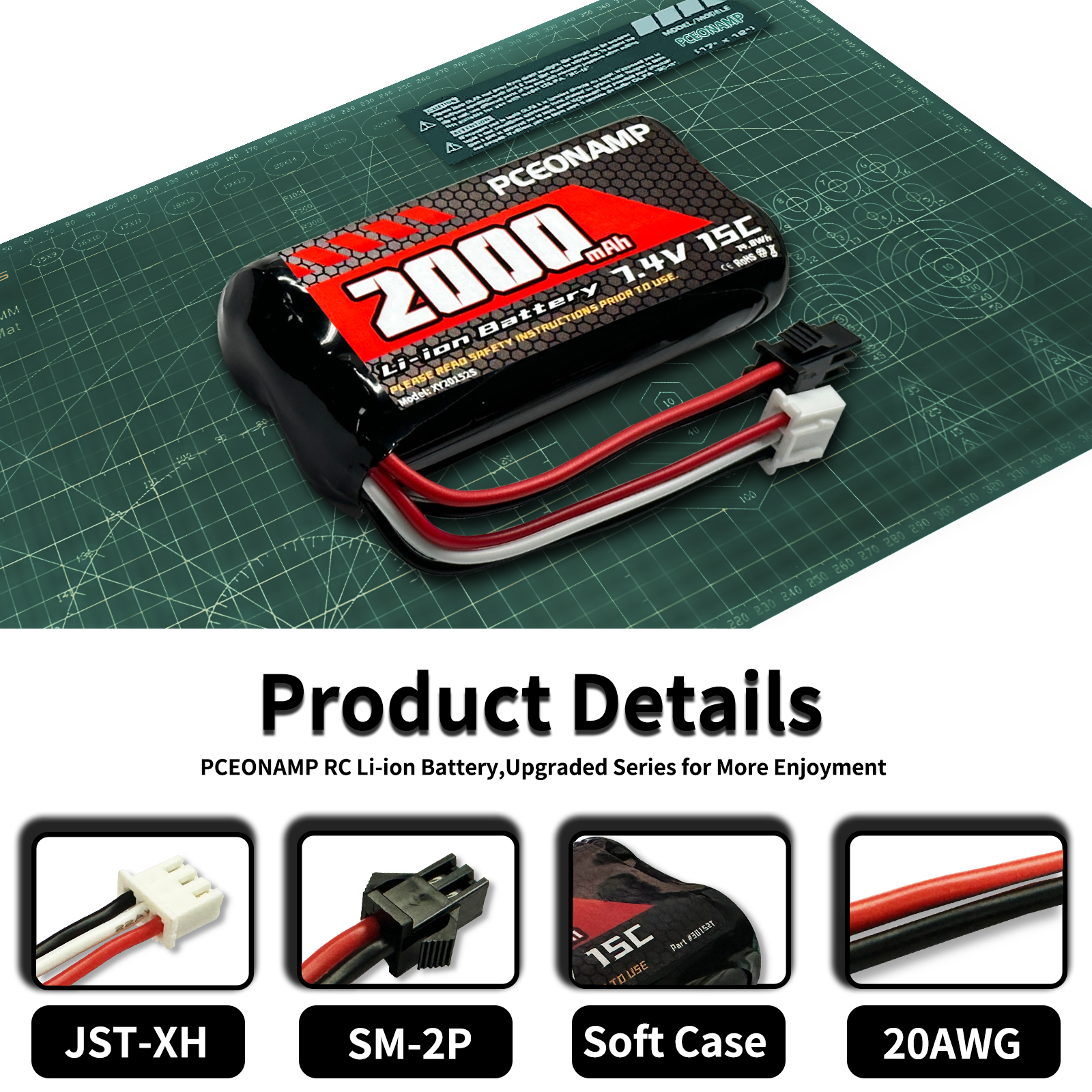 PCEONAMP 7.4V Li-ion Battery 2000mAh 2S Battery with SM-2P Plug Rechargeable High Capacity RC Battery Fit for WPL C24 MN D90 RC Cars, H101 RC Boat RC Truck Batteries with 2 USB Charger