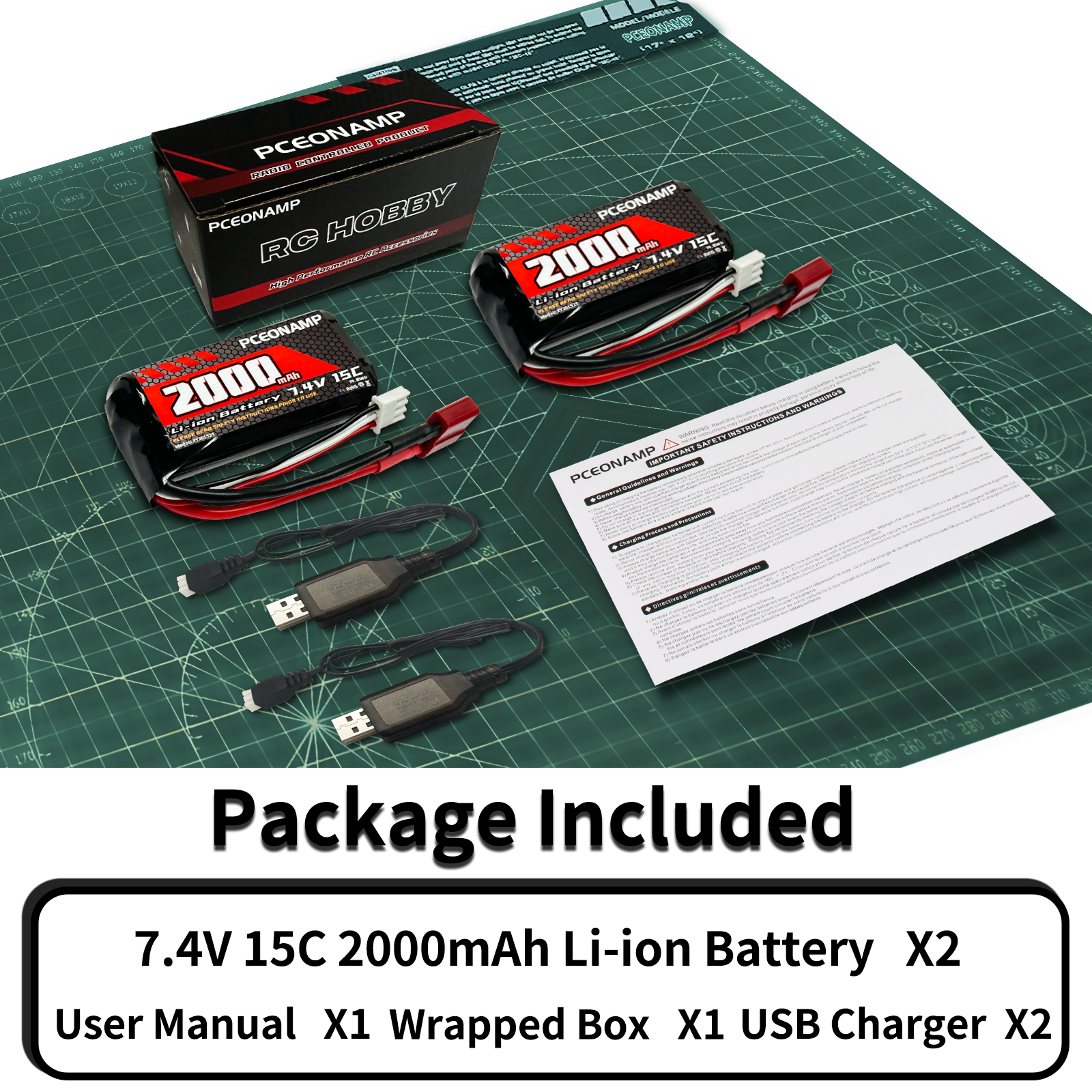 PCEONAMP 7.4V Li-ion Battery 2000mAh 2S with Deans T Plug Rechargeable High Capacity RC Battery Fit for WLtoys 4WD High Speed RC Cars and Most 1/10, 1/12, 1/16 Scale RC Cars Trucks with 2 USB Chargers