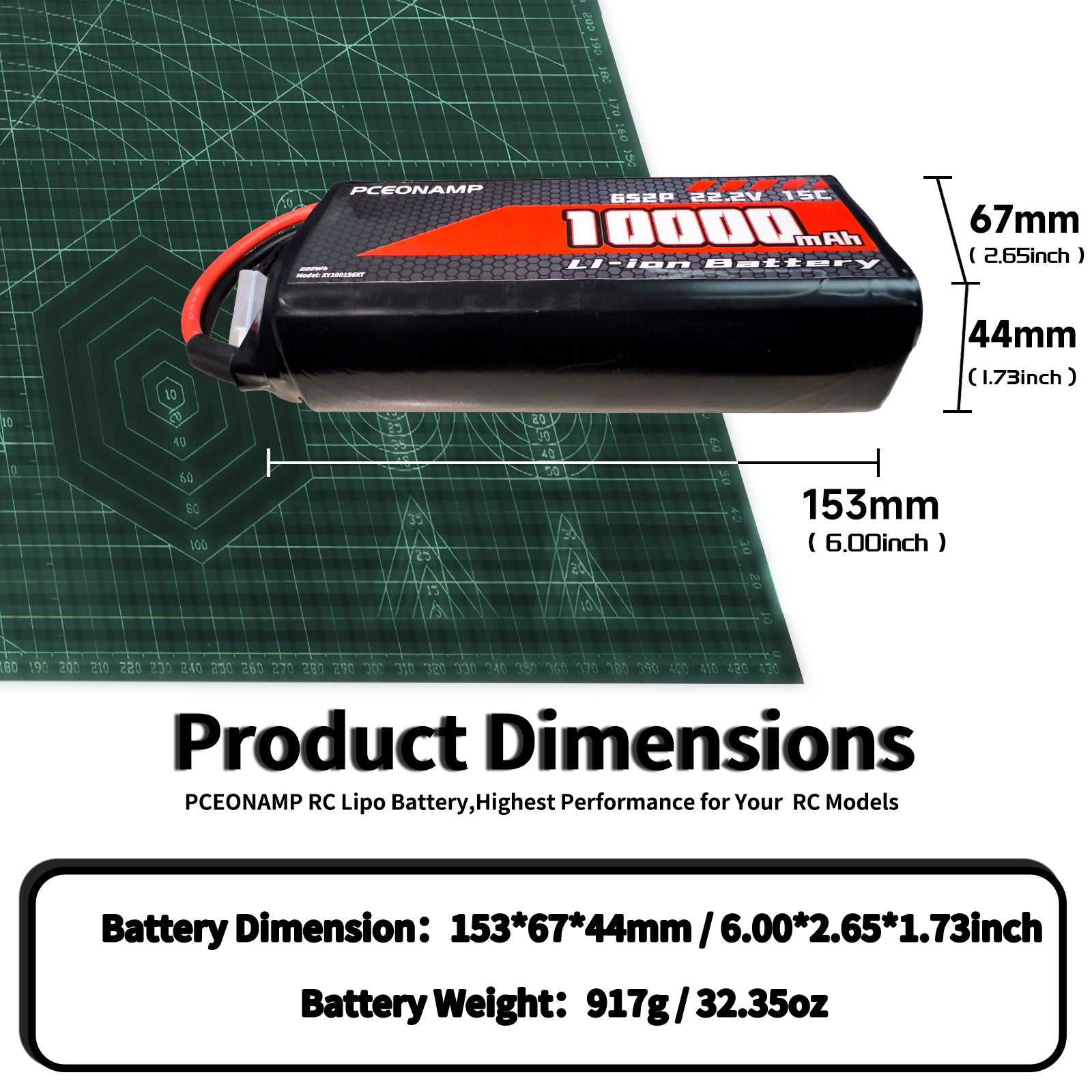 6S 10000mAh Li-ion battery dimensions 75 x 38 x 41mm, weight 231g
