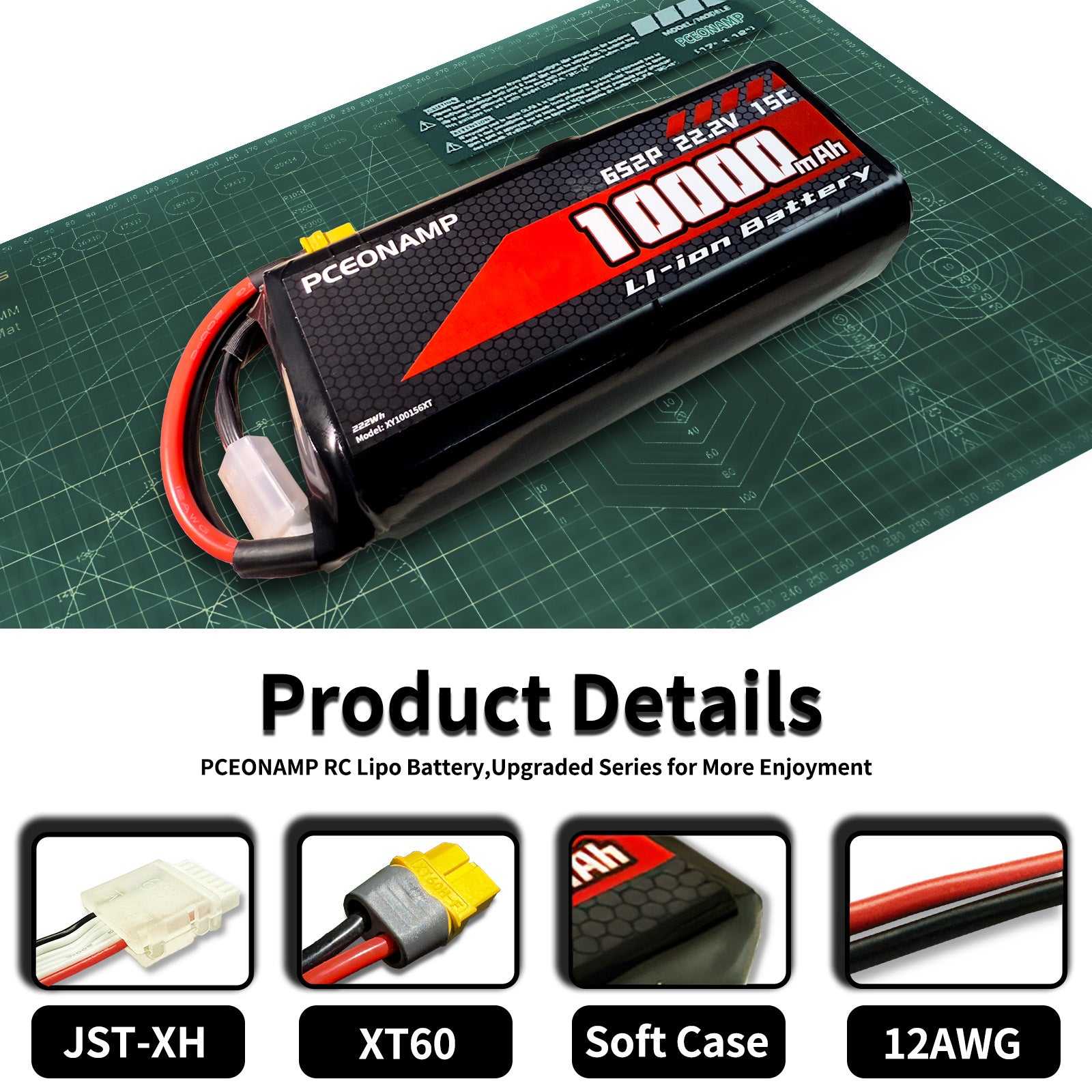 XT60 connector and balance port details on 22.2V 10000mAh 6S Li-ion battery
