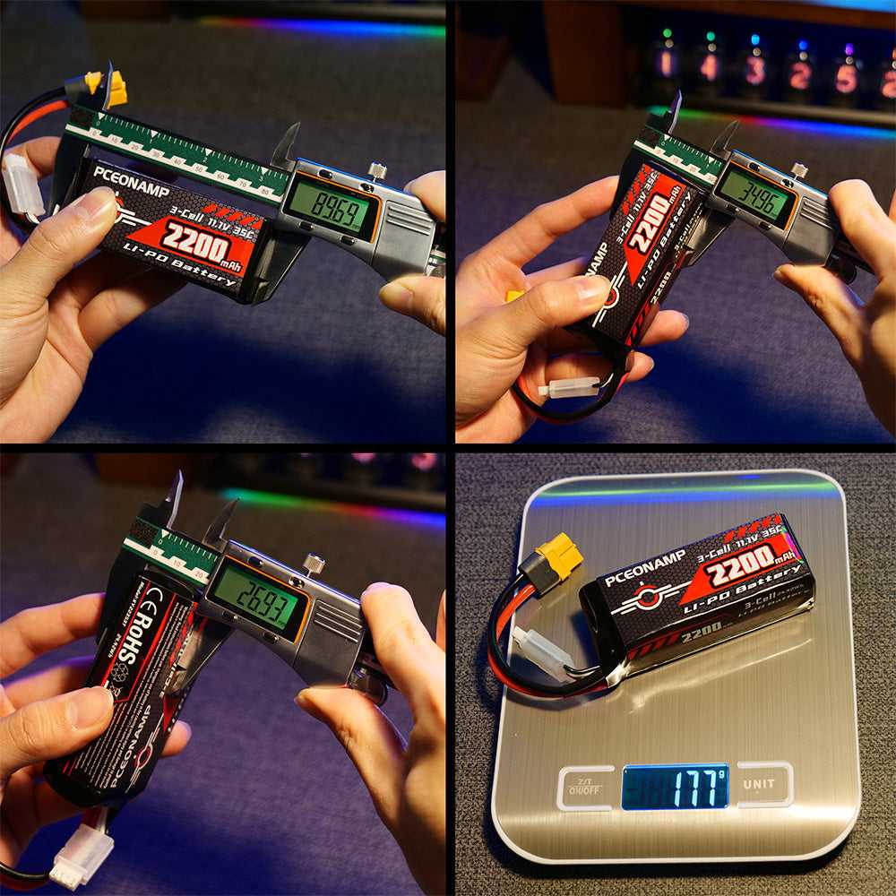 PCEONAMP 11.1V 2200mAh 3S LiPo battery 35C dimensions measurement, caliper check, length width height weight
