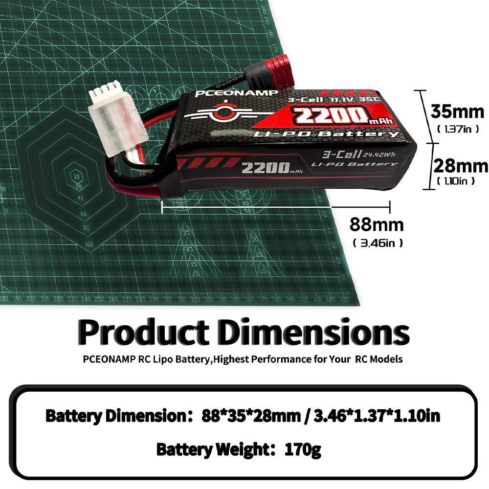 11.1V 2200mAh 3S LiPo battery 35C product dimensions, 88x35x28mm, 170g
