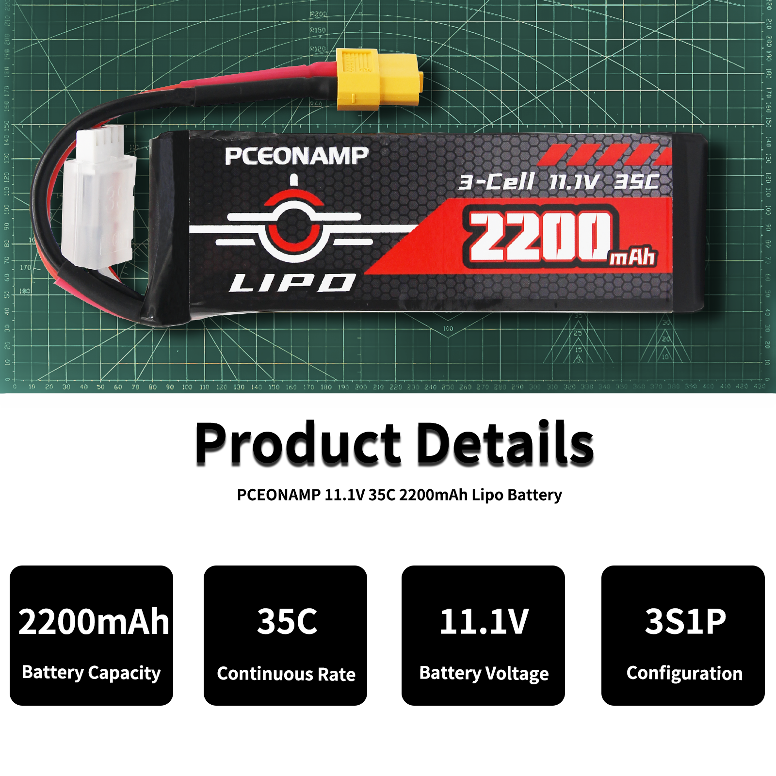PCEONAMP 3S Lipo Battery 2200mAh 11.1V 35C with XT60 Plug Rechargeable High Capacity RC Battery Soft Case Fit for FPV Drone Airplane RC Quadcopter Helicopter