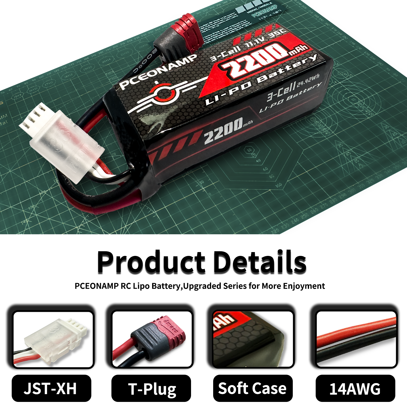 PCEONAMP 3S Lipo Battery 2200mAh 35C(Max 70C) with Deans T Plug High Capacity RC 11.1V Battery Fit for High Speed RC Cars 14301/14302 and Most 1/14, 1/16 Scale RC Cars（2 Packs）