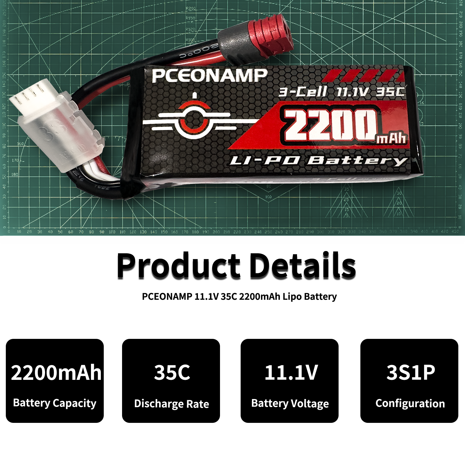 PCEONAMP 3S Lipo Battery 2200mAh 35C(Max 70C) with Deans T Plug High Capacity RC 11.1V Battery Fit for High Speed RC Cars 14301/14302 and Most 1/14, 1/16 Scale RC Cars（2 Packs）