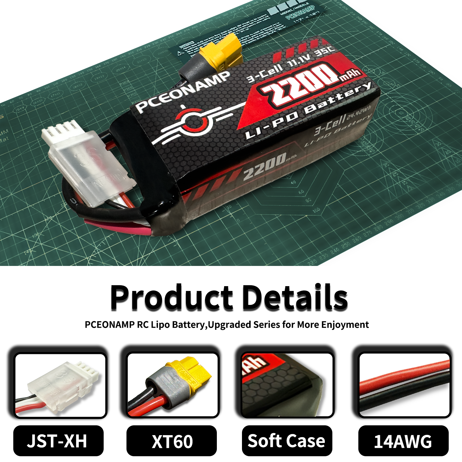 PCEONAMP 3S Lipo Battery 2200mAh 11.1V 35C with XT60 Plug Rechargeable High Capacity RC Airplane Battery Soft Case Fit for FPV Drone Airplane RC Quadcopter Helicopter