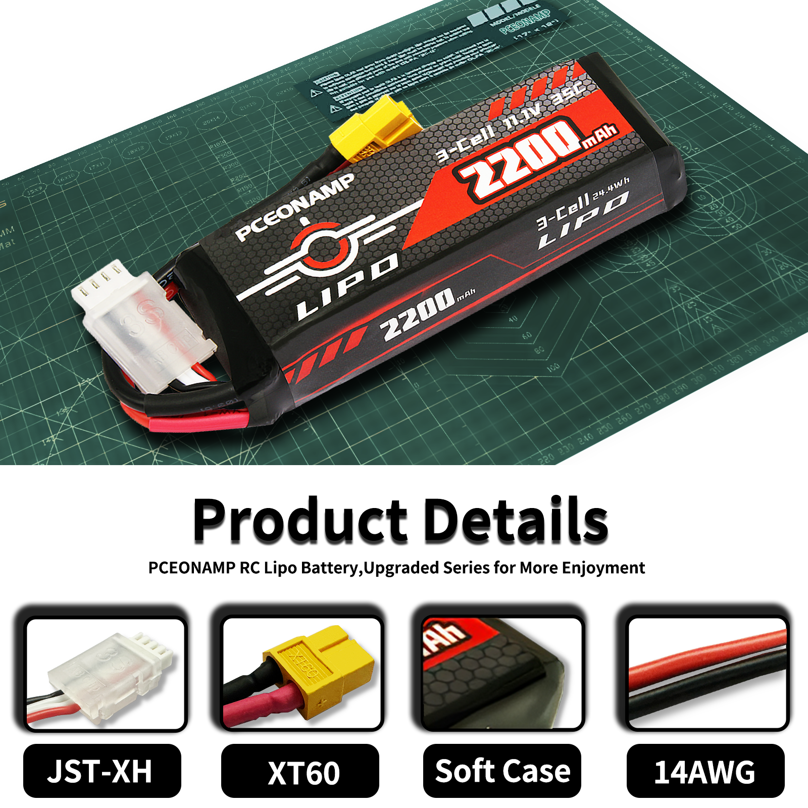 PCEONAMP 3S Lipo Battery 2200mAh 11.1V 35C with XT60 Plug Rechargeable High Capacity RC Battery Soft Case Fit for FPV Drone Airplane RC Quadcopter Helicopter