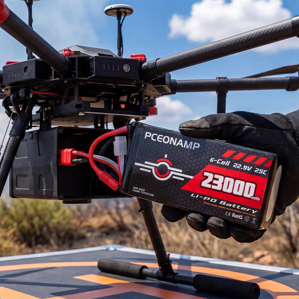 Industrial drone in flight powered by 23000mAh 6S HV LiPo battery