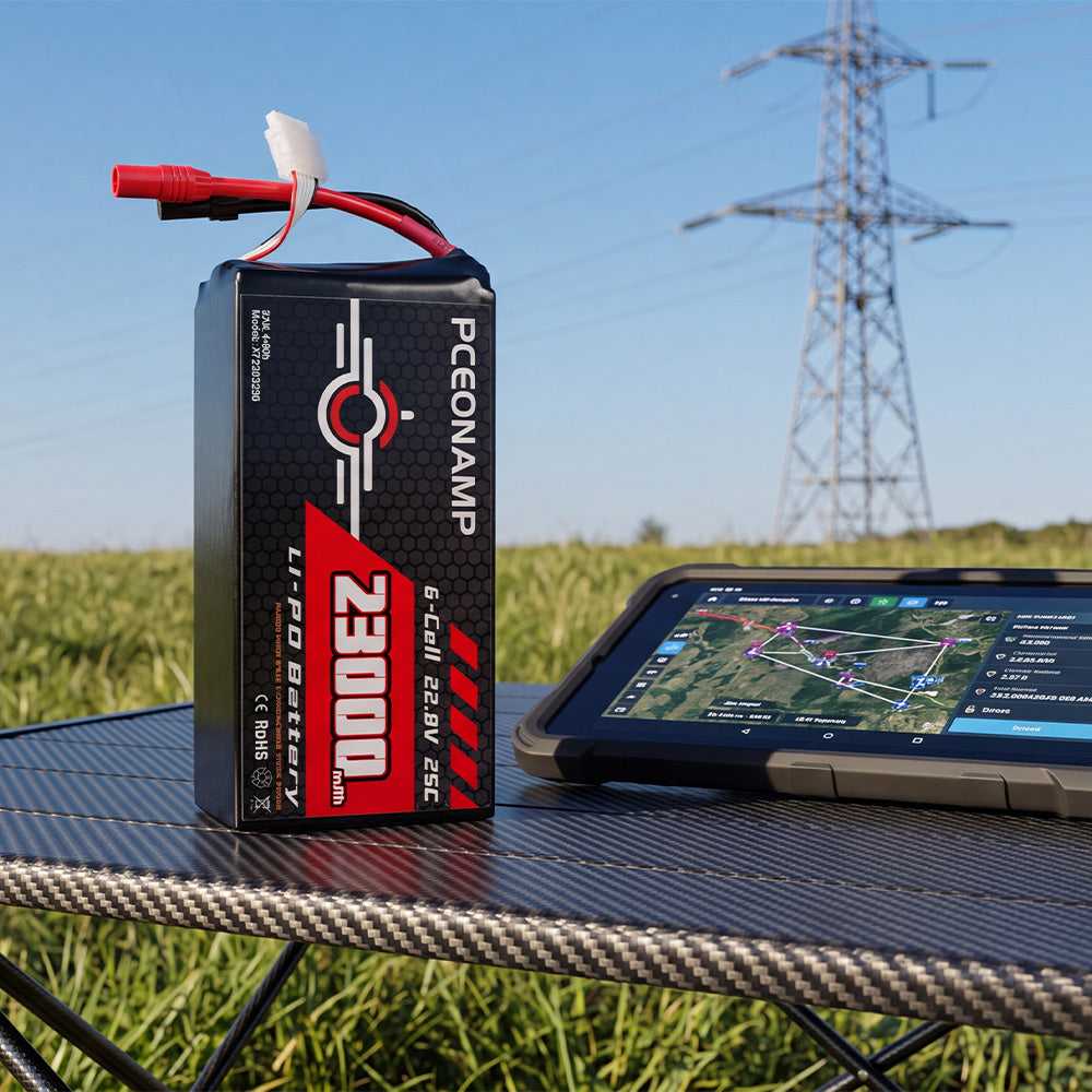 PCEONAMP HV LiPo battery beside power transmission tower, outdoor deployment