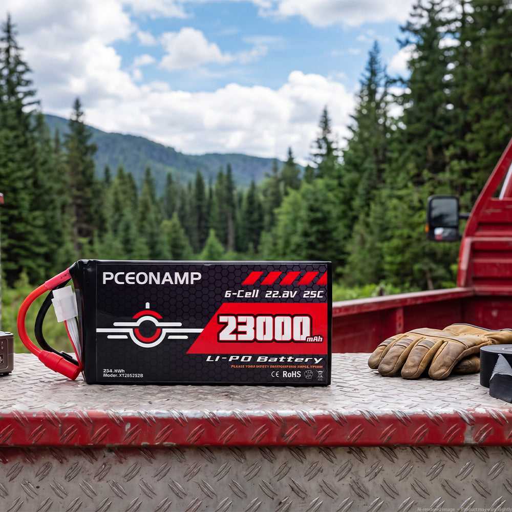22.8V 23000mAh 6S HV LiPo battery in outdoor field with forest background