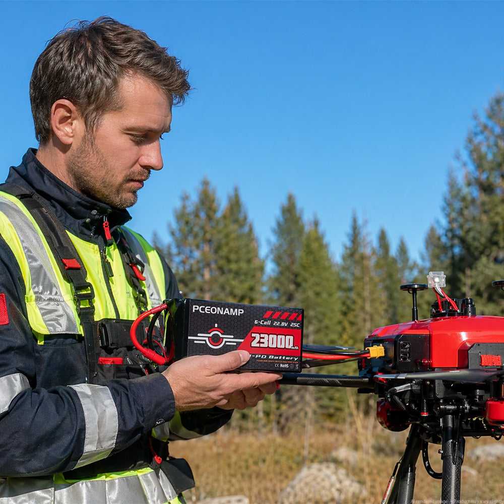 Technician operating industrial drone with PCEONAMP 6S HV LiPo battery in forest