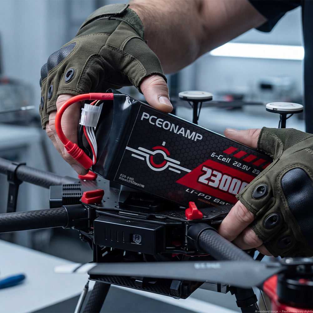 Gloved hands installing PCEONAMP 22.8V HV LiPo battery on drone frame