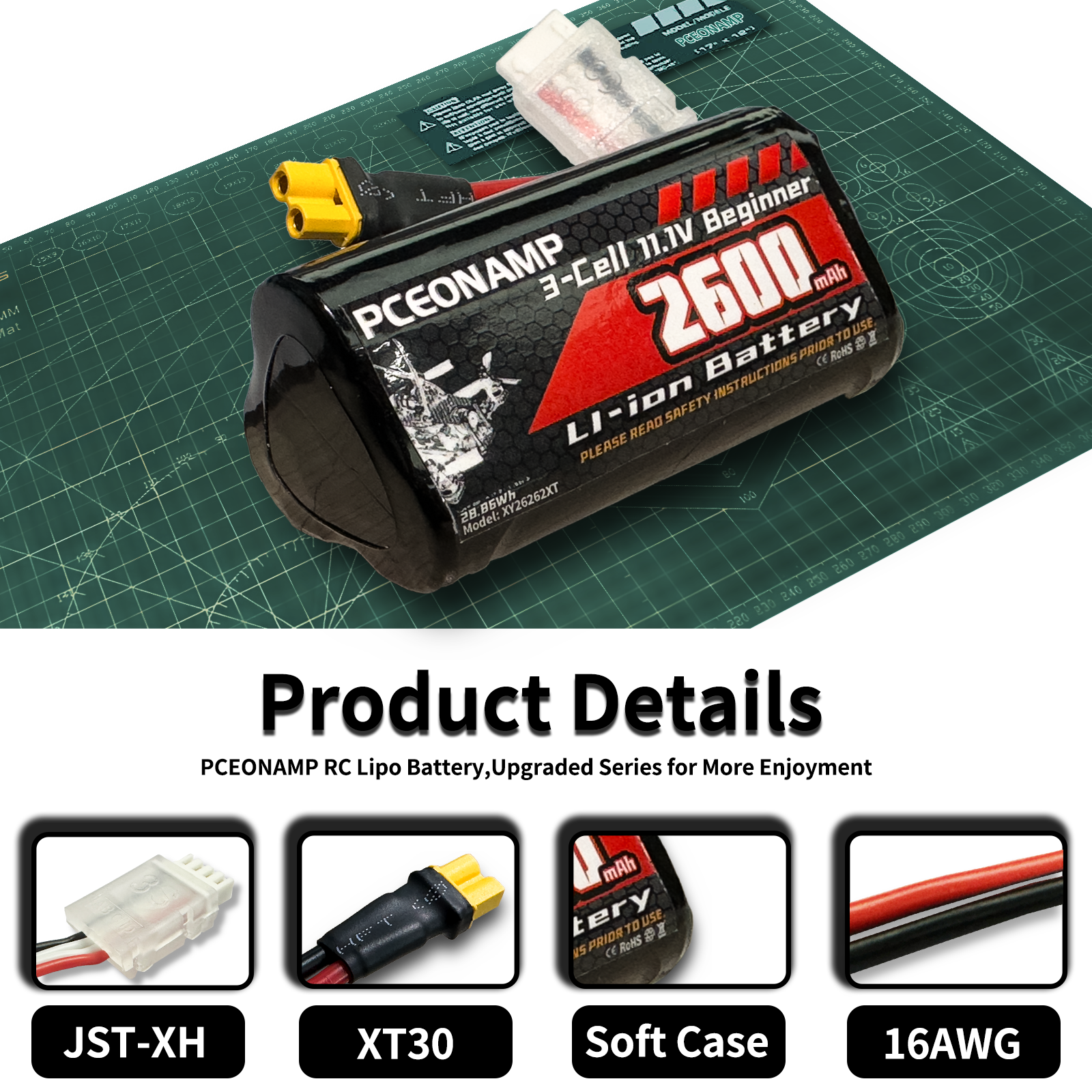 PCEONAMP Drone Battery 2600mAh 3S 11.1V with XT30 Plug Beginner Rechargeable High Capacity RC Drone Battery Soft Case Fit for RC FPV RC Drone Quadcopter