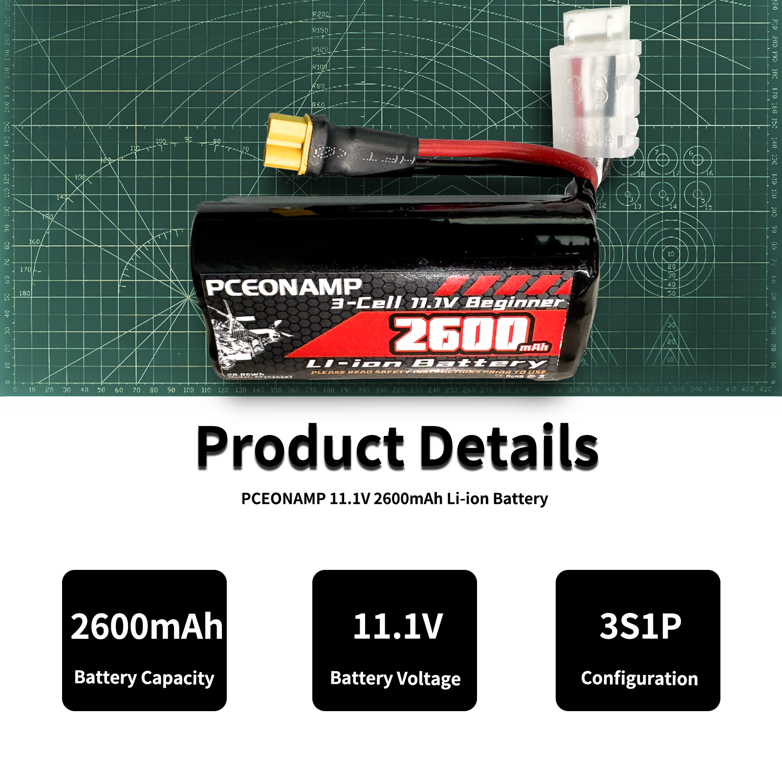 PCEONAMP Drone Battery 2600mAh 3S 11.1V with XT30 Plug Beginner Rechargeable High Capacity RC Drone Battery Soft Case Fit for RC FPV RC Drone Quadcopter