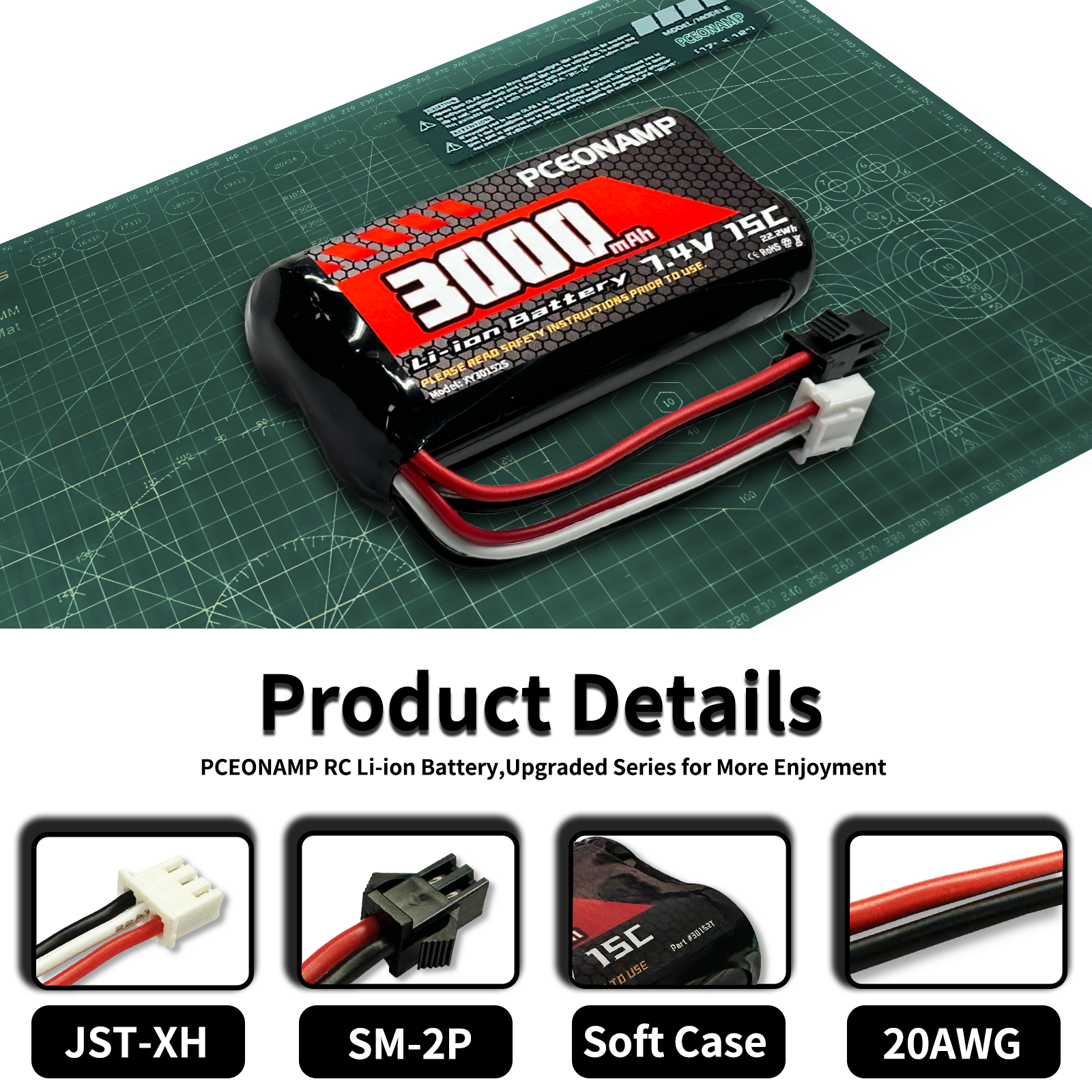 PCEONAMP 7.4V Li-ion Battery 3000mAh 2S Battery with SM-2P Plug Rechargeable High Capacity RC Battery Fit for WPL C24 MN D90 RC Cars, H101 RC Boat RC Truck Batteries with 2 USB Charger