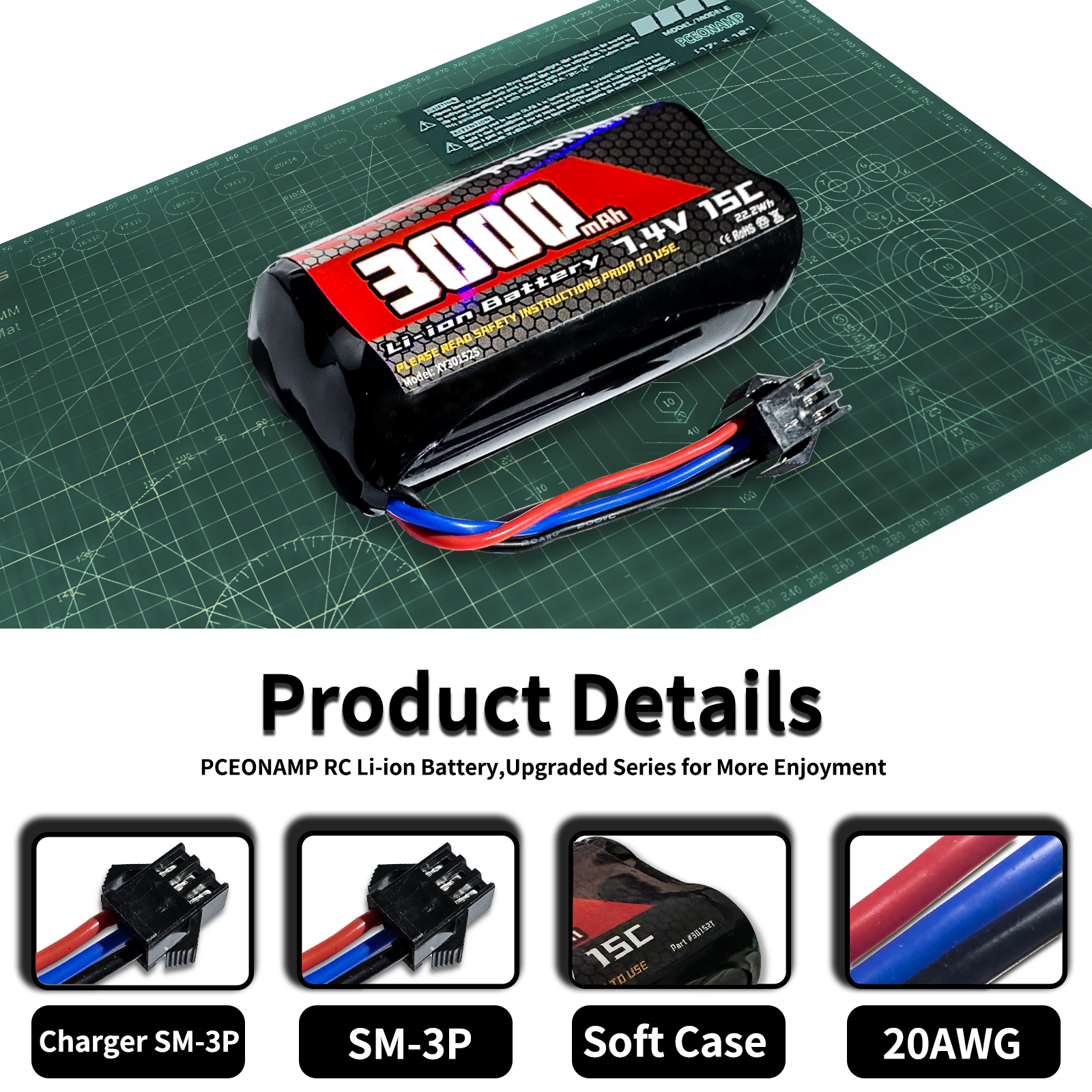 PCEONAMP 7.4v RC Battery 3000mAh 2S Li-ion with SM-3P Plug Rechargeable High Capaity Fit for RC Tank RC Truck 4WD RC Rock Crawler RC Car Batteries with 2 USB Charger