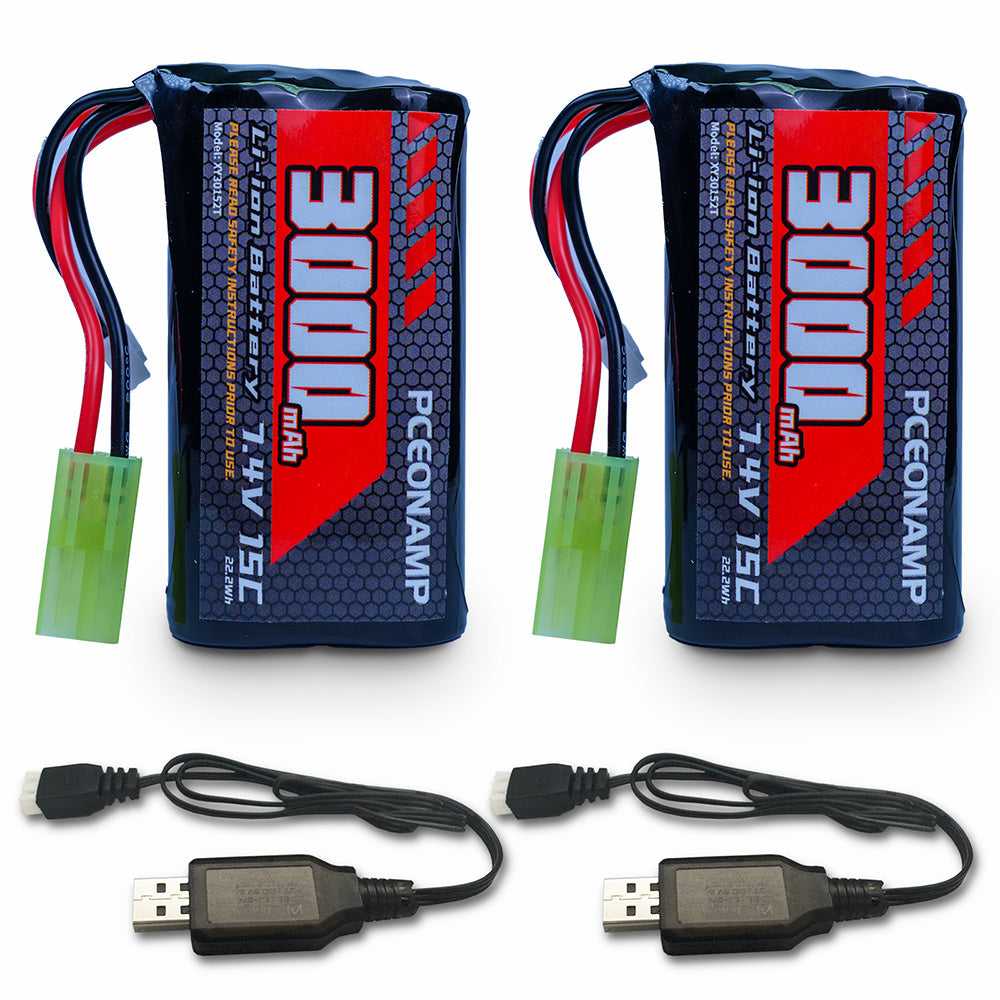 PCEONAMP 7.4V 3000mAh 2S Li-ion battery, two-pack with USB charger, product photo
