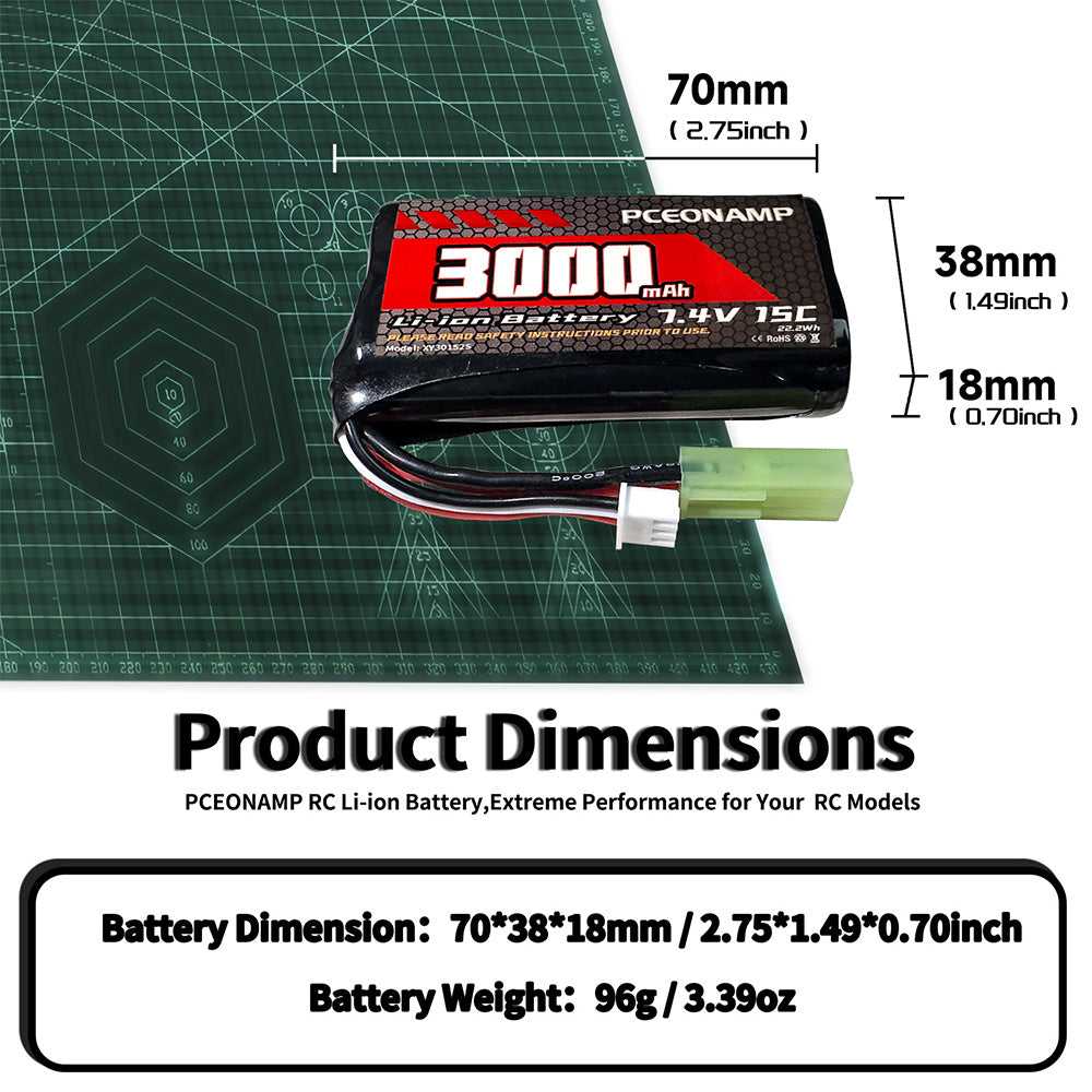 7.4V 3000mAh 2S Li-ion battery product dimensions, 70x38x18mm, 96g
