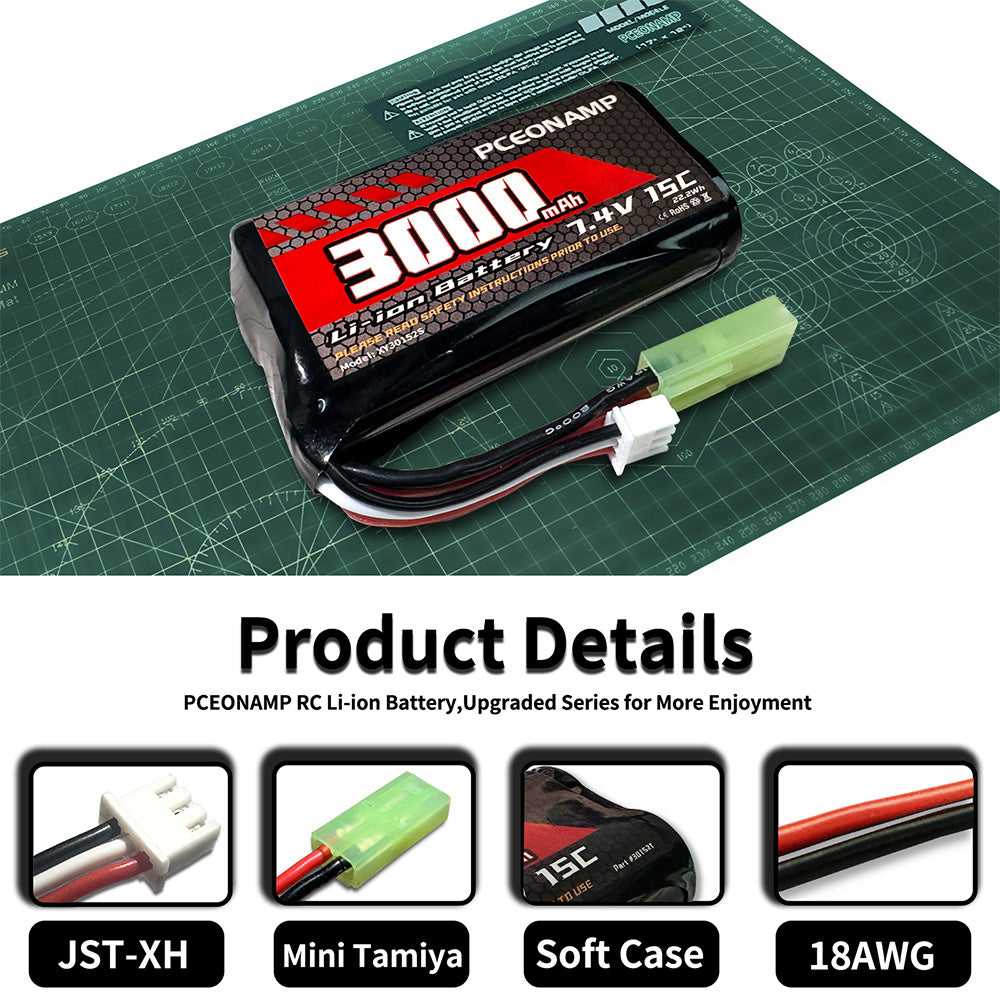 PCEONAMP 3000mAh 2S Li-ion battery product details, Mini-Tamiya plug, soft case, 18AWG