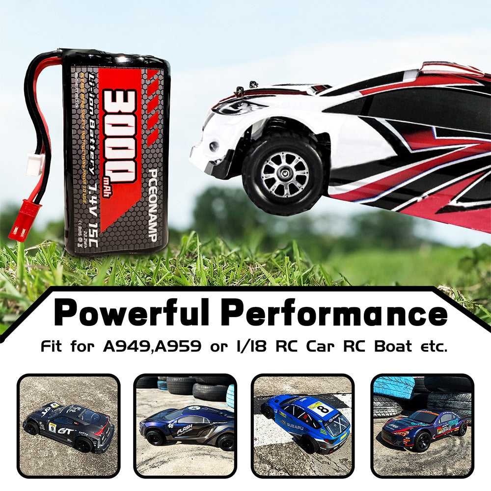 PCEONAMP 3000mAh 7.4V 2S Li-ion battery with JST plug powering a 1/18 RC car in action on grass, fit for A949 A959