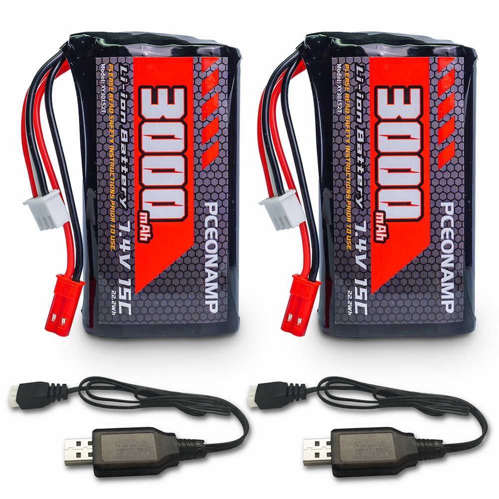 PCEONAMP 7.4V 3000mAh 2S Li-ion battery JST plug 2-pack with USB charging cables for RC car and boat