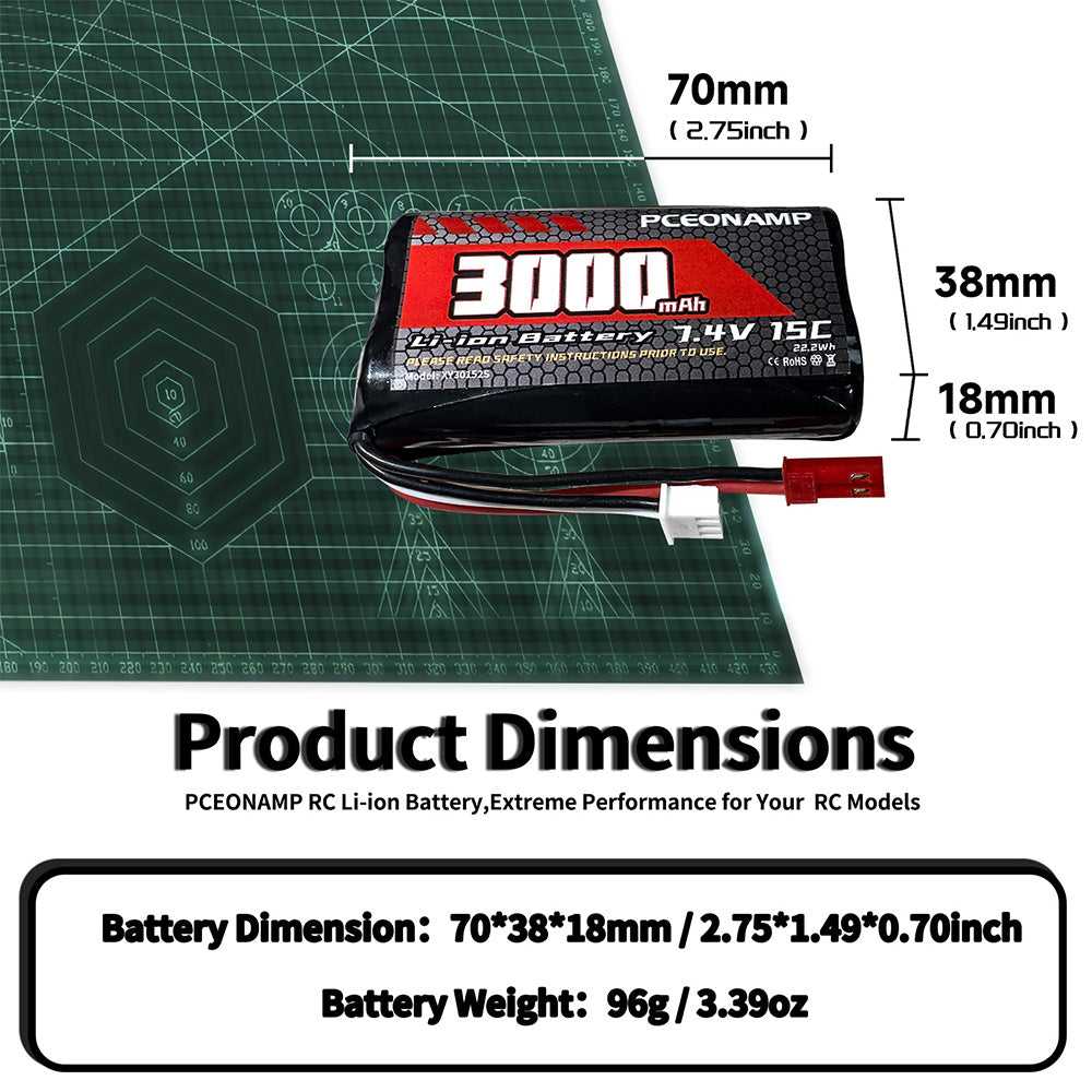 PCEONAMP 7.4V 3000mAh 2S Li-ion battery dimensions 70x38x18mm 96g JST plug product size chart