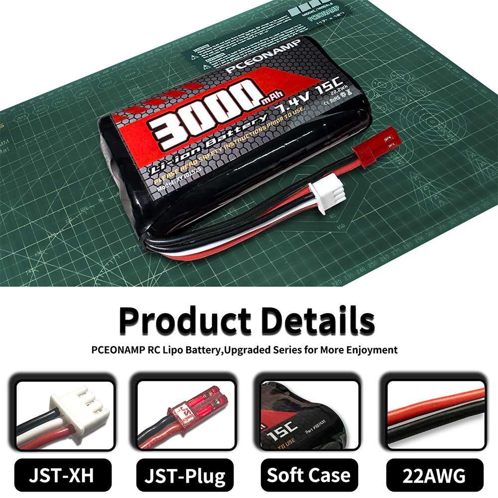 PCEONAMP 7.4V 3000mAh 2S Li-ion battery details JST-XH JST-Plug soft case 22AWG wiring close-up