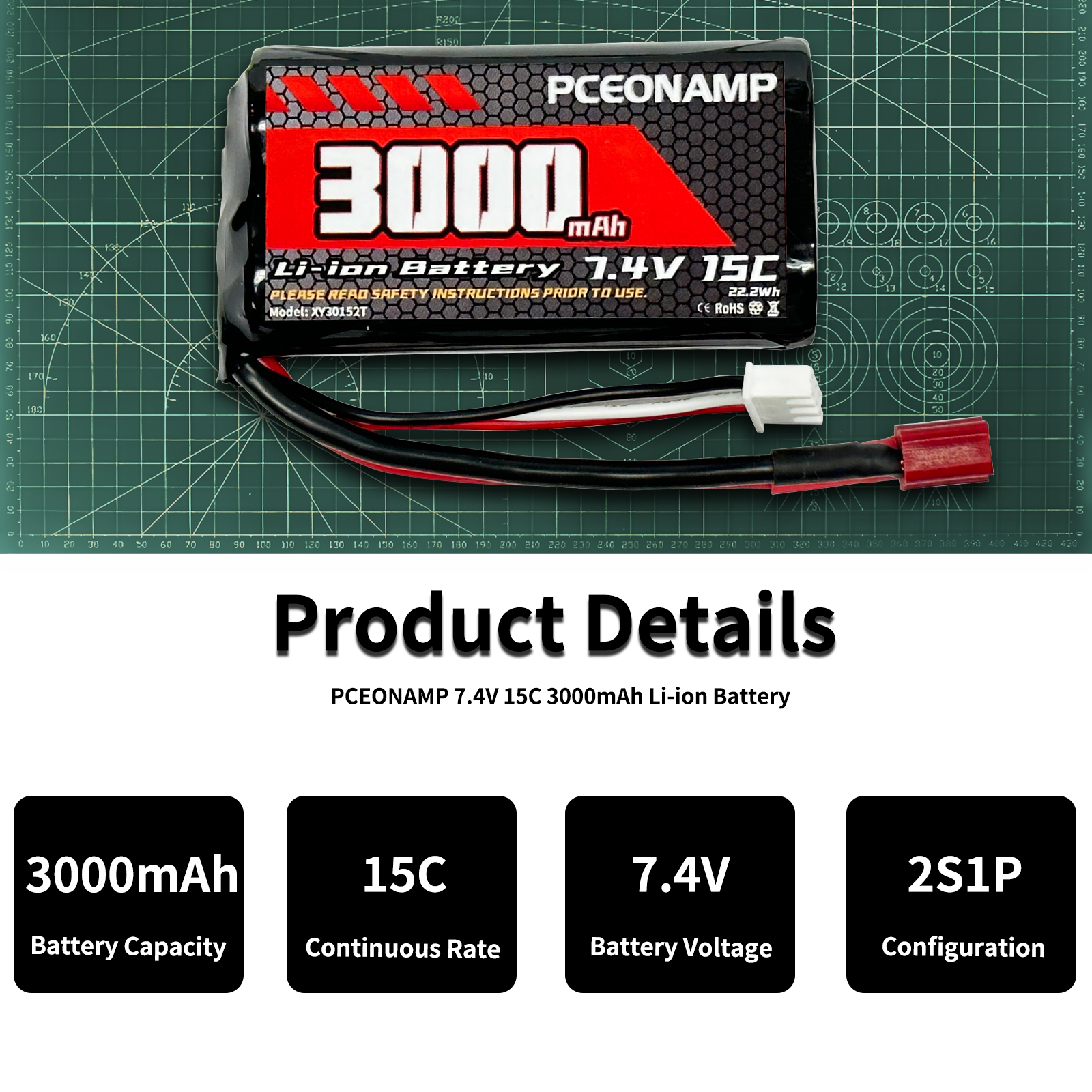 PCEONAMP 7.4V Li-ion Battery 3000mAh 2S with Deans T Plug Rechargeable High Capacity RC Battery Fit for WLtoys 4WD High Speed RC Cars and Most 1/10, 1/12, 1/16 Scale RC Cars Trucks with 2 USB Chargers